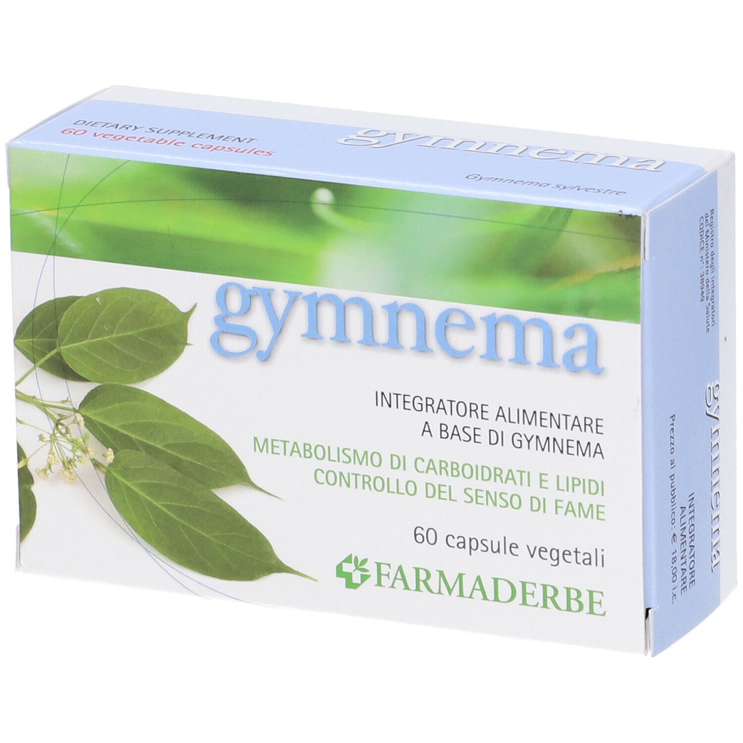Gymnema-Verpackung. Blaue und weiße Schachtel mit Produktnamen und Blättern. 60 Kapseln. Marke Farmaderbe.
