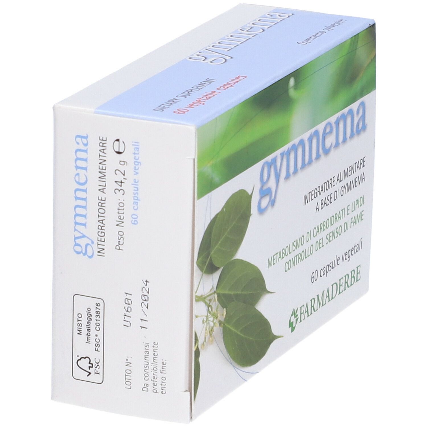 Gymnema-Verpackung. Blaue und weiße Schachtel mit Produktnamen und Blättern. 60 Kapseln. Marke Farmaderbe.