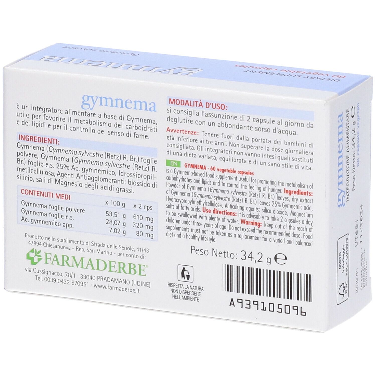 Gymnema-Verpackung. Schachtel mit Produktinformationen, Marke Farmaderbe. 60 Kapseln. Gewicht: 34,2 g. Haltbar bis 11/2024.