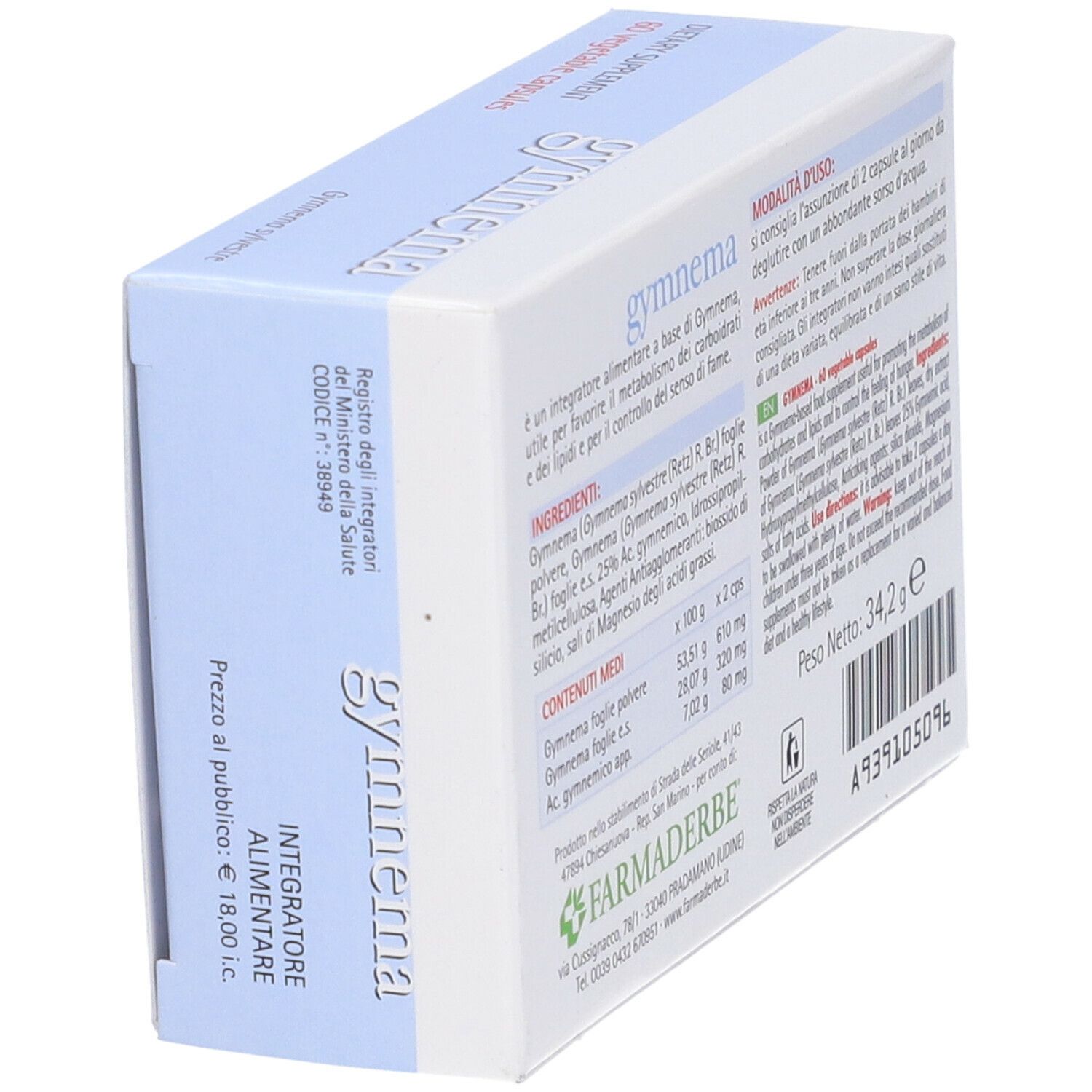 Gymnema-Verpackung. Schachtel mit Produktinformationen, Marke Farmaderbe. 60 Kapseln. Gewicht: 34,2 g.