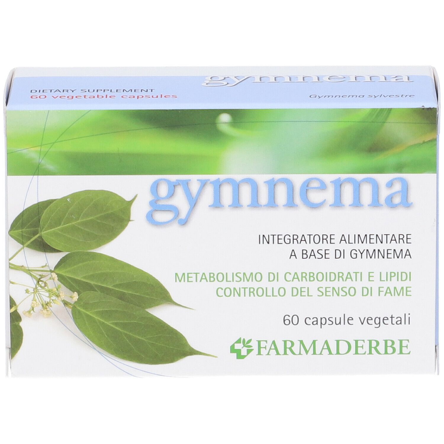 Gymnema-Verpackung. Blaue und weiße Schachtel mit Produktnamen und Blättern. 60 Kapseln. Marke Farmaderbe.