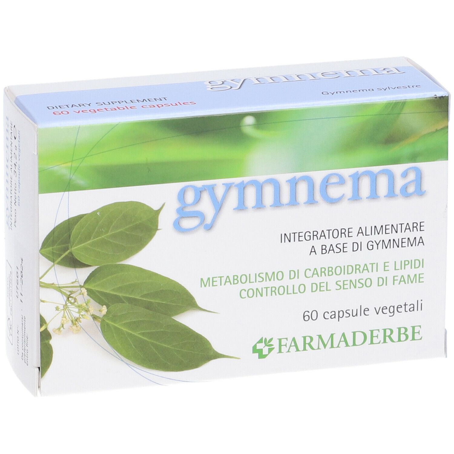 Gymnema-Verpackung. Blaue und weiße Schachtel mit Produktnamen und Blättern. 60 Kapseln. Marke Farmaderbe.