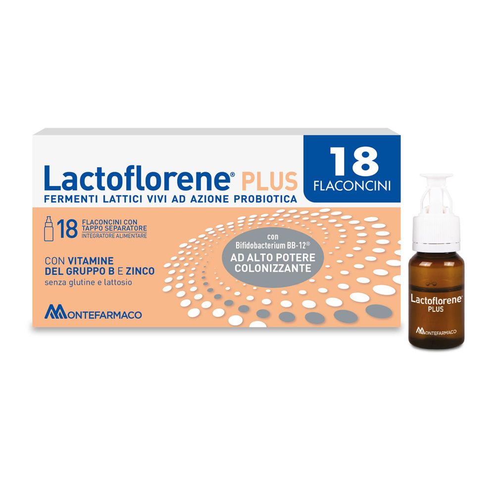 Lactoflorene® Plus, 18 Fläschchen. Verpackung und ein Fläschchen. Enthält lebende Milchsäurebakterien.