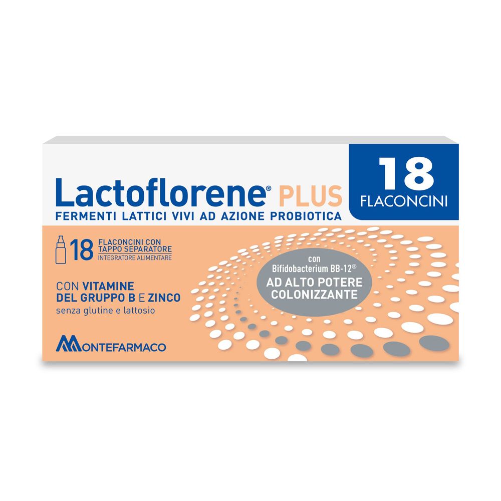 Lactoflorene® Plus, Verpackung. Enthält 18 Fläschchen. Mit Vitamin B, Zink und lebenden Bakterien.