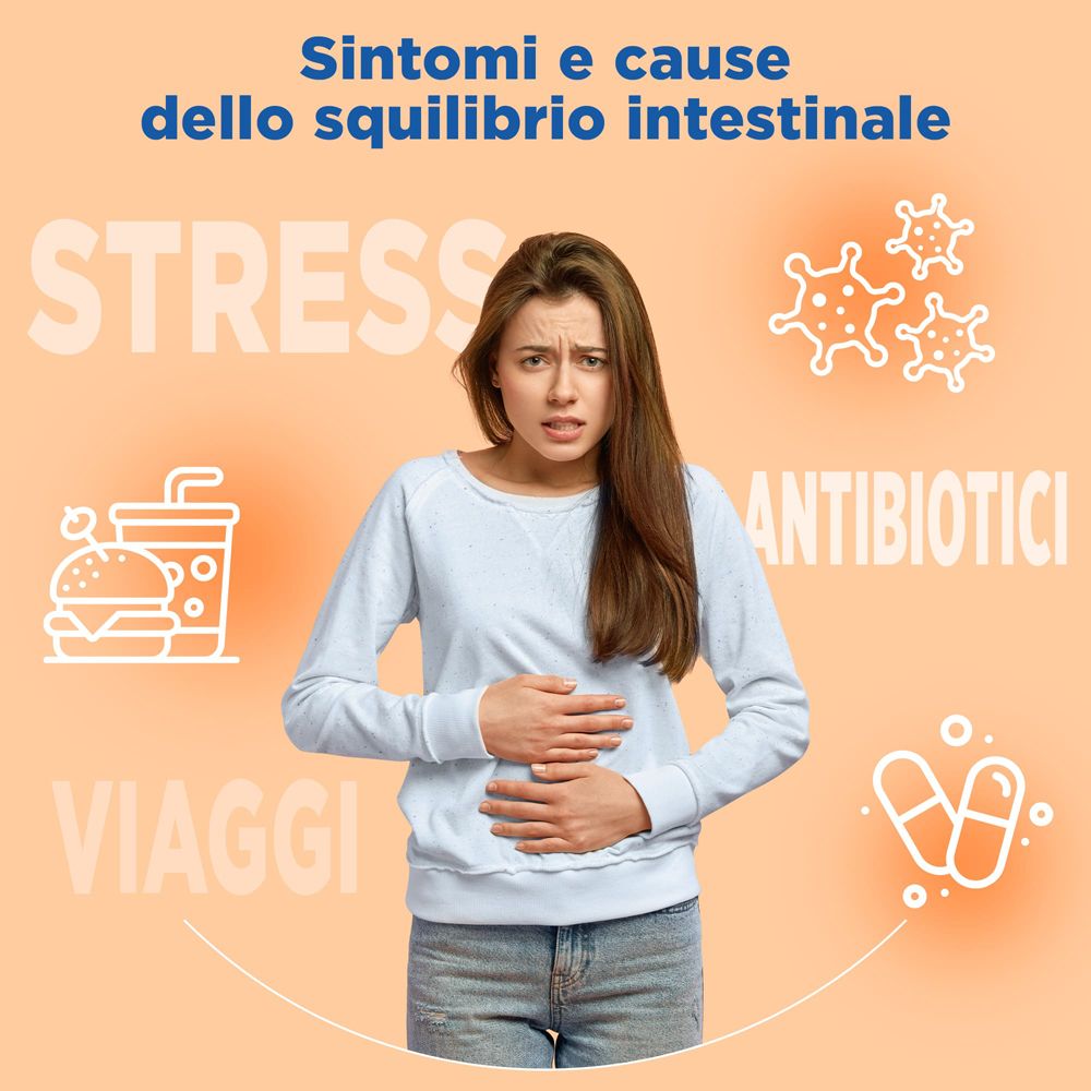 Frau mit Bauchschmerzen. Grafische Darstellung von Stress, Reisen, Antibiotika und Ernährung.