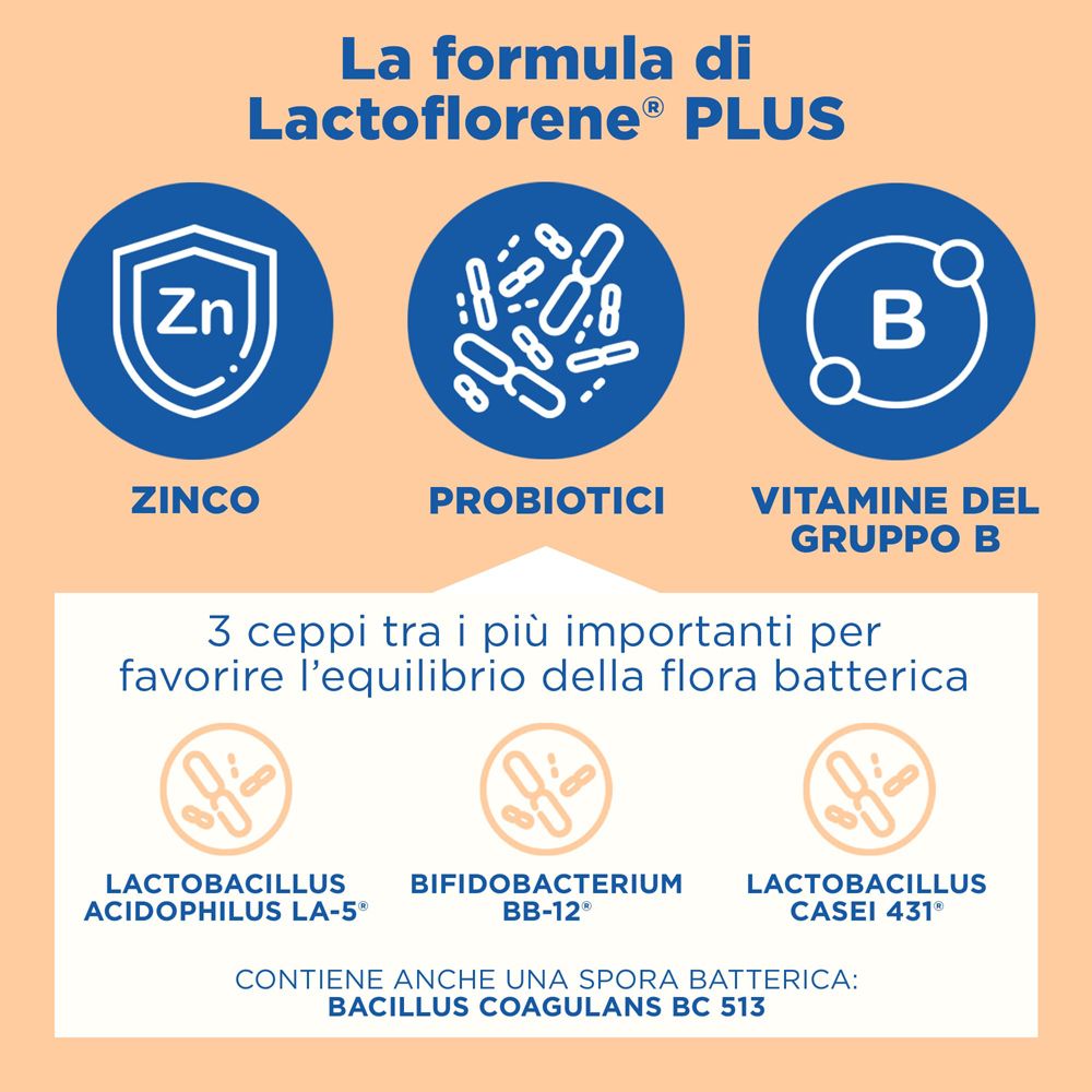 Grafische Darstellung der Inhaltsstoffe von Lactoflorene® Plus: Zink, Probiotika, Vitamin B.