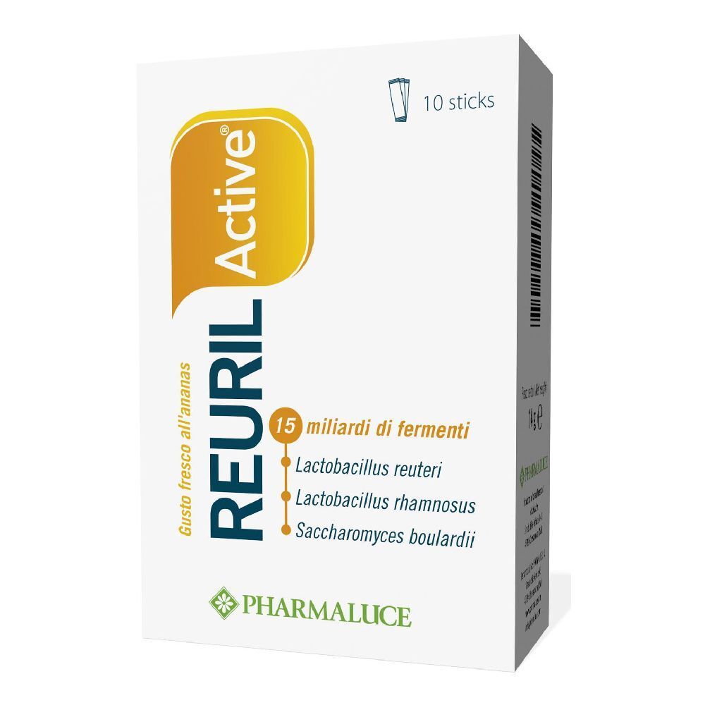 Boîte Reuril Active. Contient 10 sticks. Inscription : 15 milliards de ferments, Lactobacillus reuteri, Lactobacillus rhamnosus, Saccharomyces boulardii.