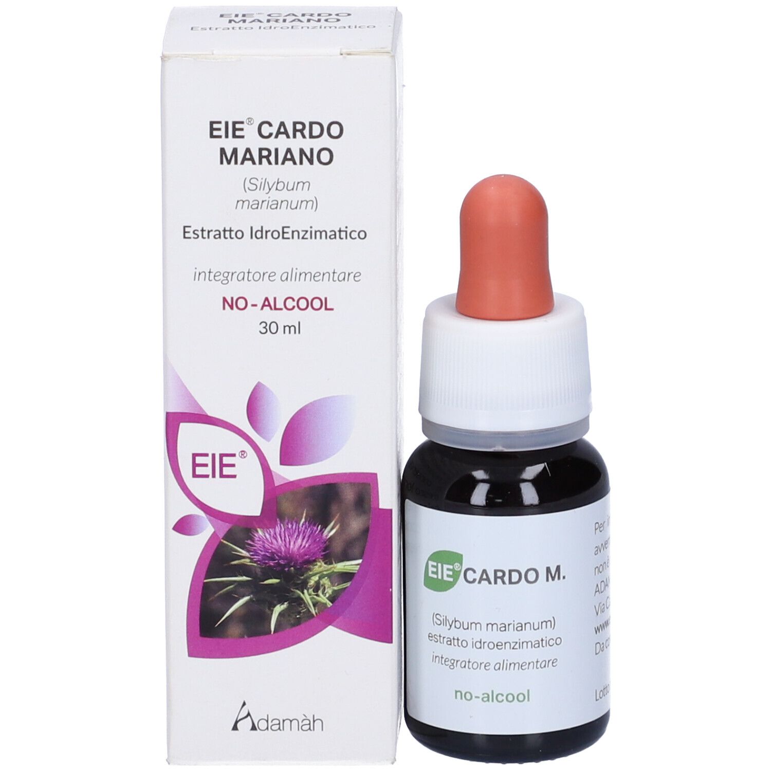 Produktverpackung und Flasche mit Tropfer. Text: EIE Cardo Mariano, 30 ml, NO-ALCOOL. Flasche: EIE Cardo M.