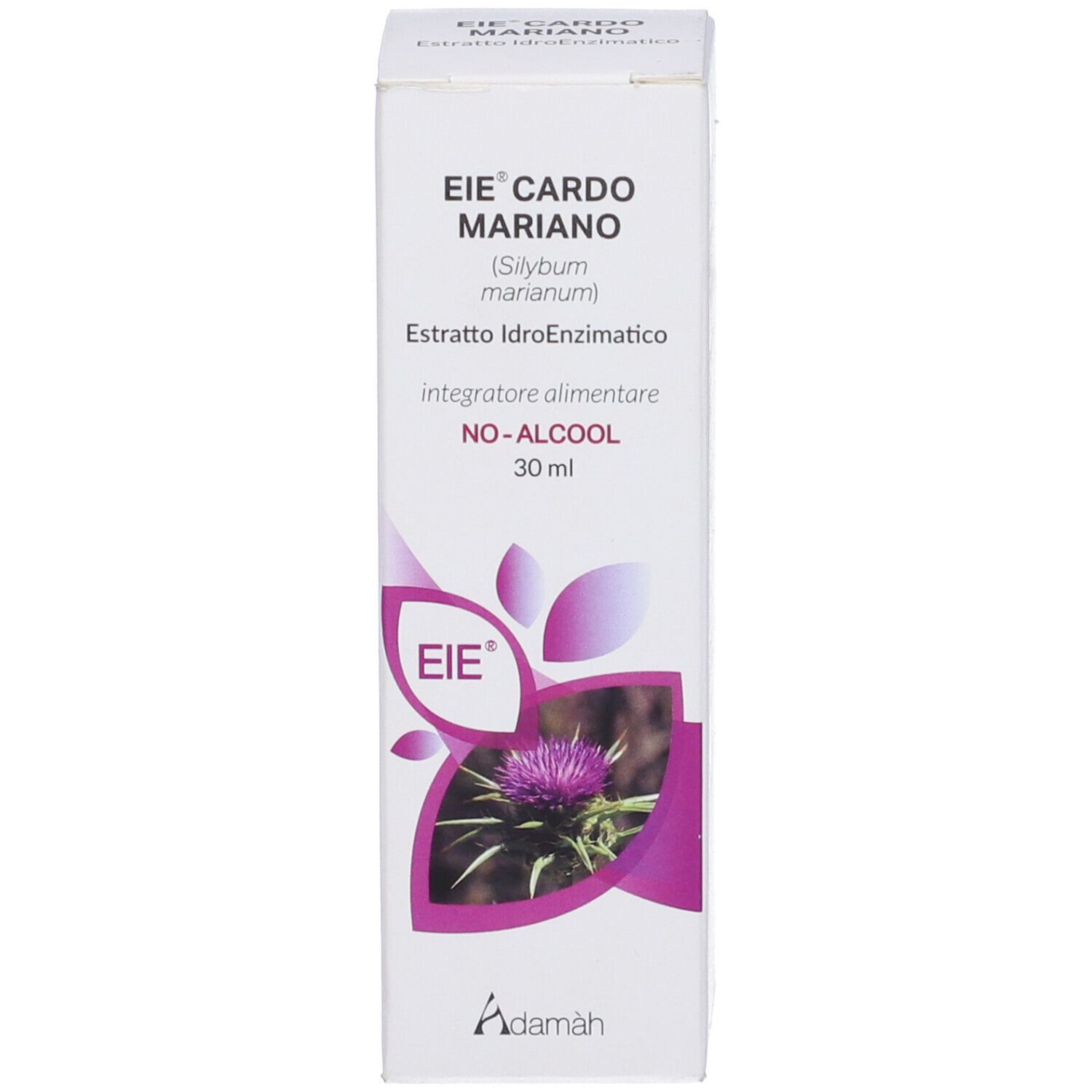 Produktverpackung. Text: EIE Cardo Mariano, 30 ml, NO-ALCOOL. Abbildung einer Distelblüte.