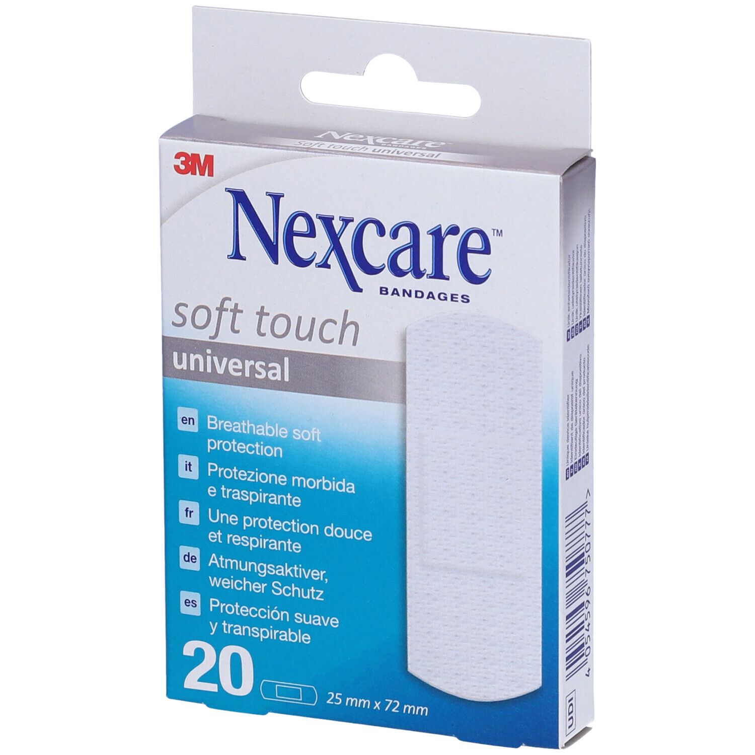 Boîte de pansements Nexcare Soft Touch. 20 unités, 25 x 72 mm. Inscriptions multilingues.