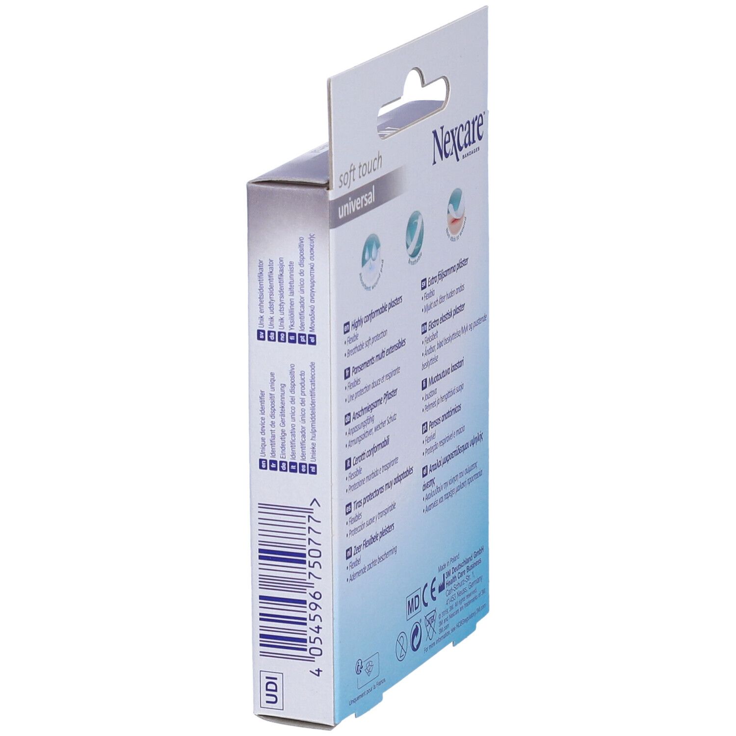 Vue latérale de la boîte de pansements Nexcare Soft Touch. Code-barres et informations produit.