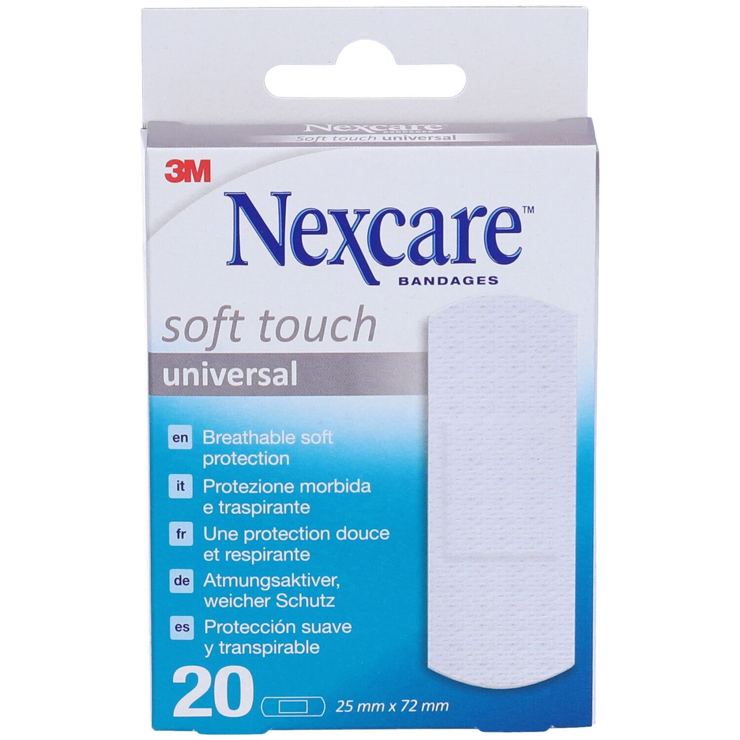 Boîte de pansements Nexcare Soft Touch. 20 unités, 25 x 72 mm. Nom et caractéristiques du produit.