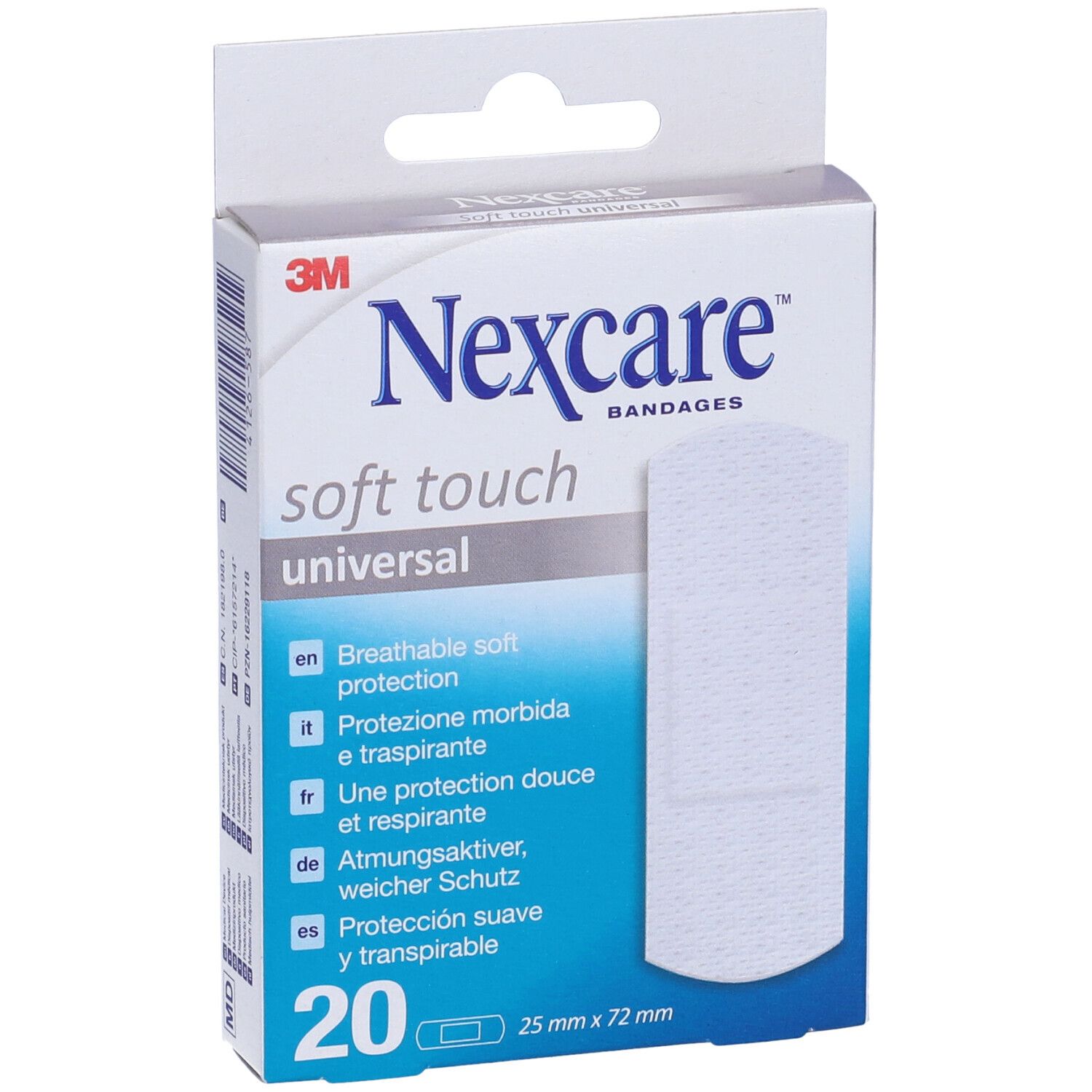 Boîte de pansements Nexcare Soft Touch. 20 unités, 25 x 72 mm. Nom et caractéristiques du produit.