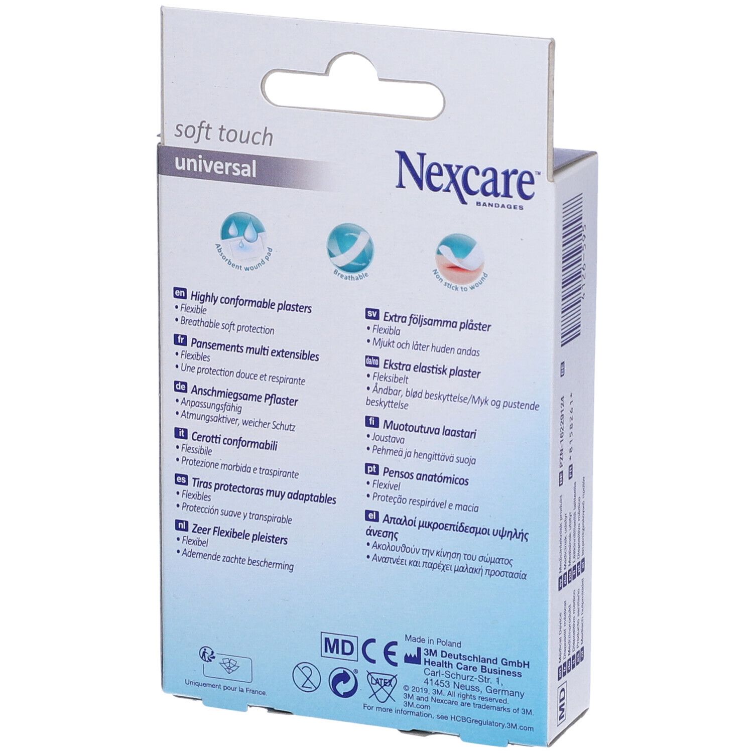 Rückseite der Nexcare Soft Touch Pflaster-Verpackung. Text: 'Nexcare', 'soft touch universal'. Beschreibungen in mehreren Sprachen.