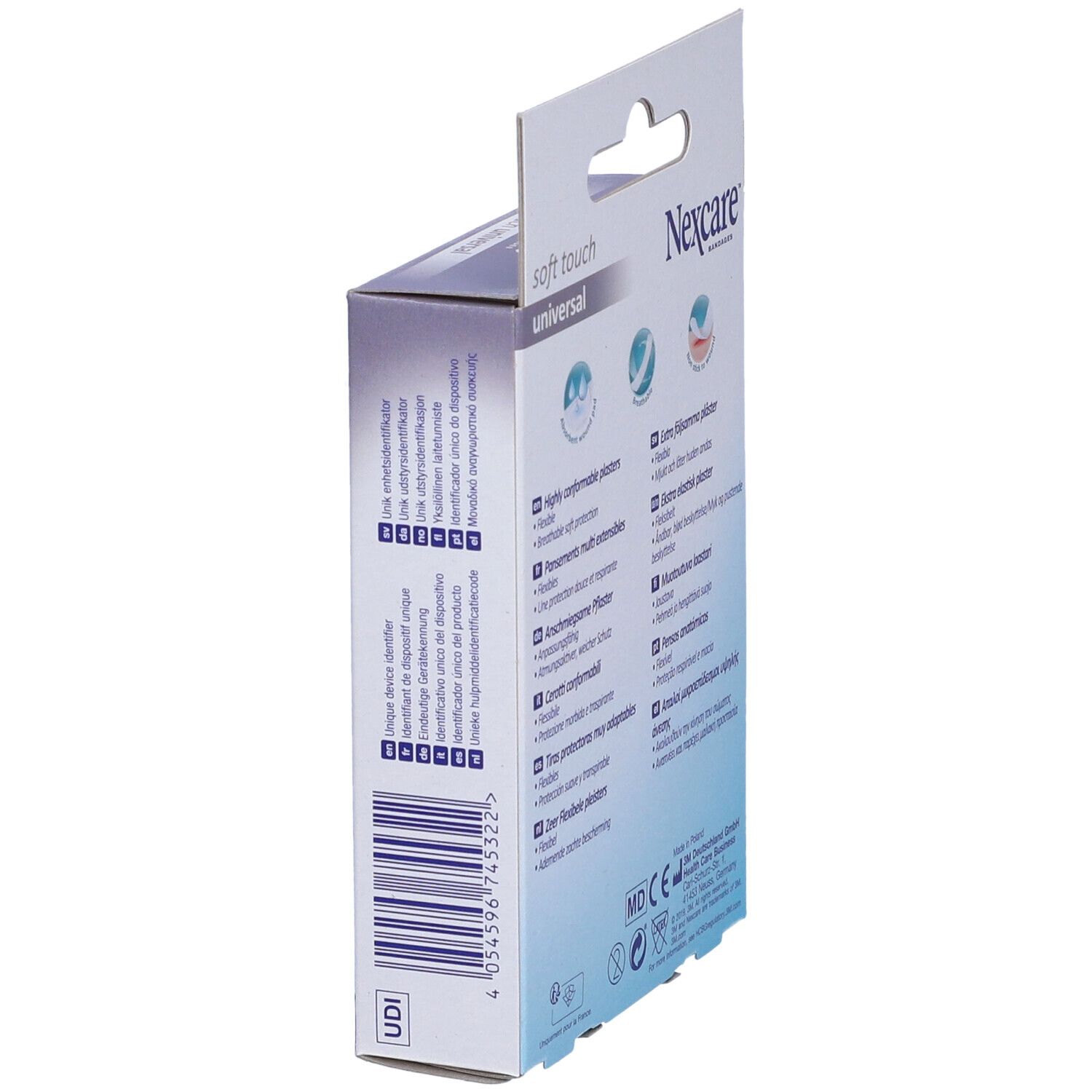 Seitenansicht der Nexcare Soft Touch Pflaster-Verpackung. Text: 'Nexcare', 'soft touch universal'. Barcode und UDI-Code.