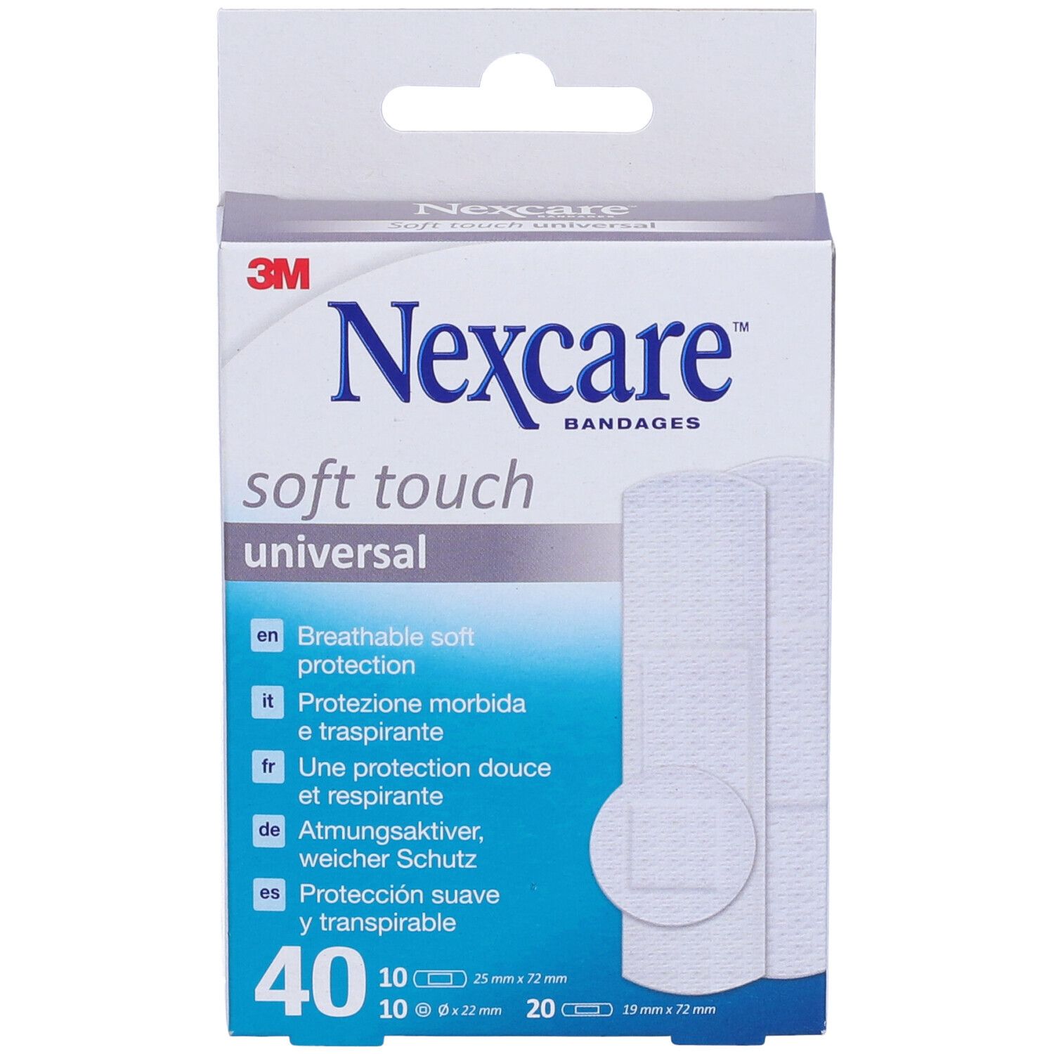 Verpackung mit Nexcare Soft Touch Pflastern. Enthält 40 Pflaster. Text: 'Universal', 'Atmungsaktiver, weicher Schutz'.