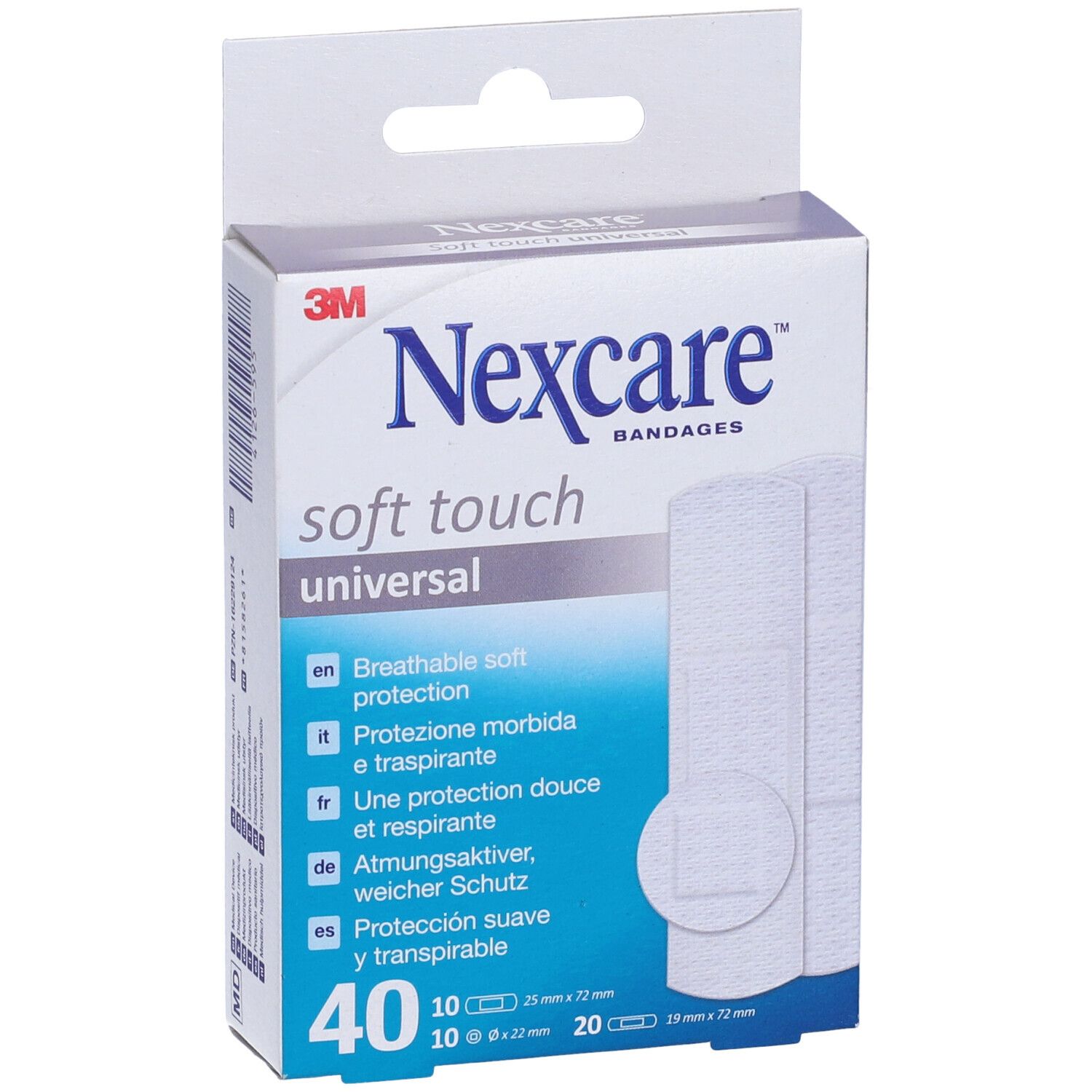 Verpackung mit Nexcare Soft Touch Pflastern. Enthält 40 Pflaster. Text: 'Universal', 'Atmungsaktiver, weicher Schutz'.