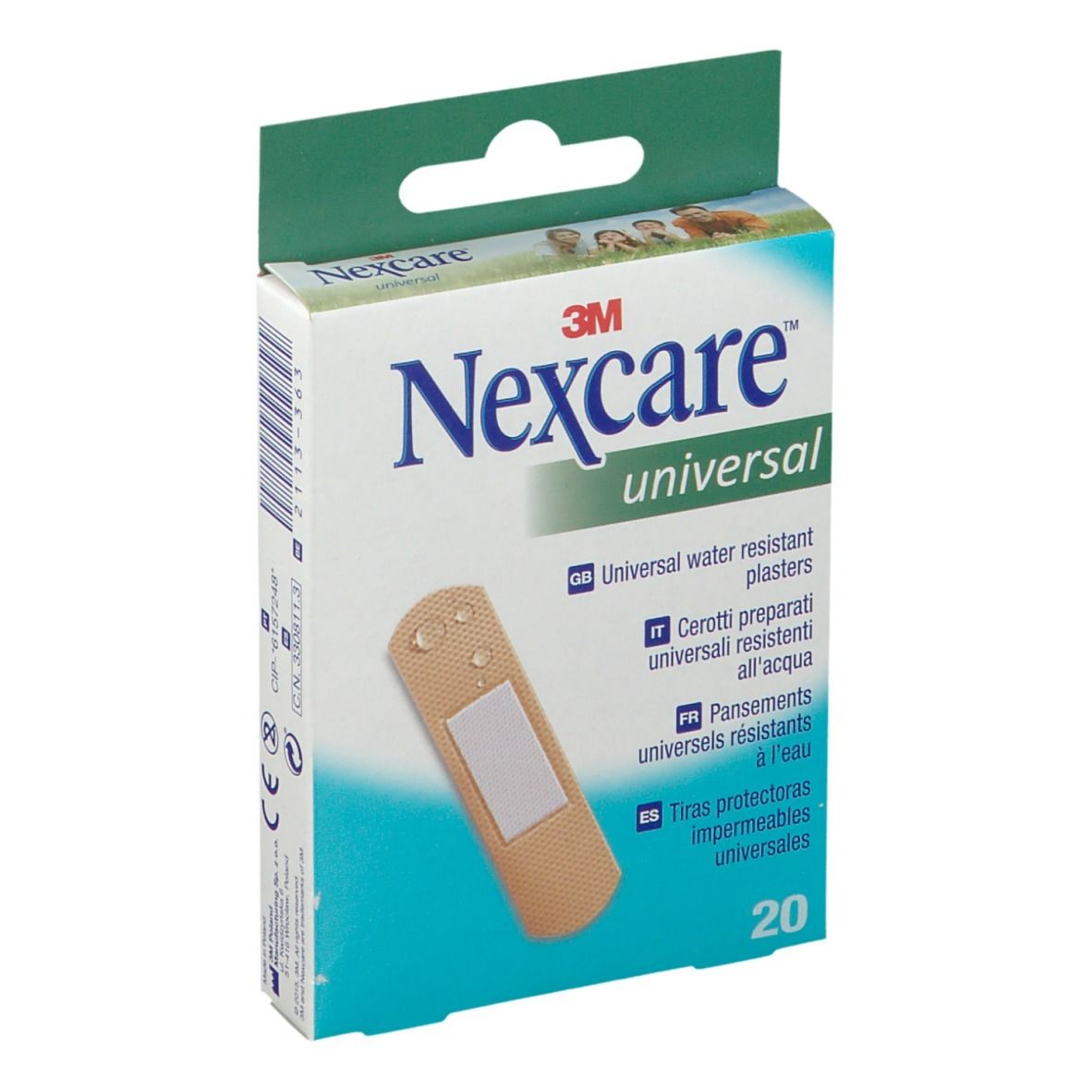 Boîte de pansements Nexcare Universal résistants à l'eau. Contient 20 pièces. Un pansement est représenté sur l'emballage.