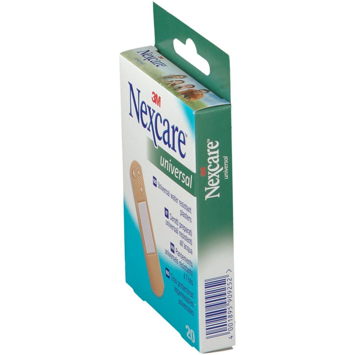 Vue latérale de l'emballage des pansements Nexcare Universal résistants à l'eau. Le produit est emballé dans une boîte.