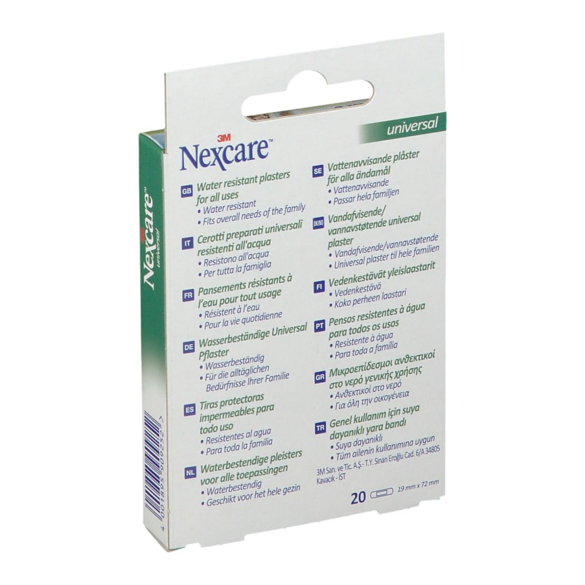 Dos de l'emballage des pansements Nexcare Universal résistants à l'eau. Informations multilingues sur le produit et ingrédients.