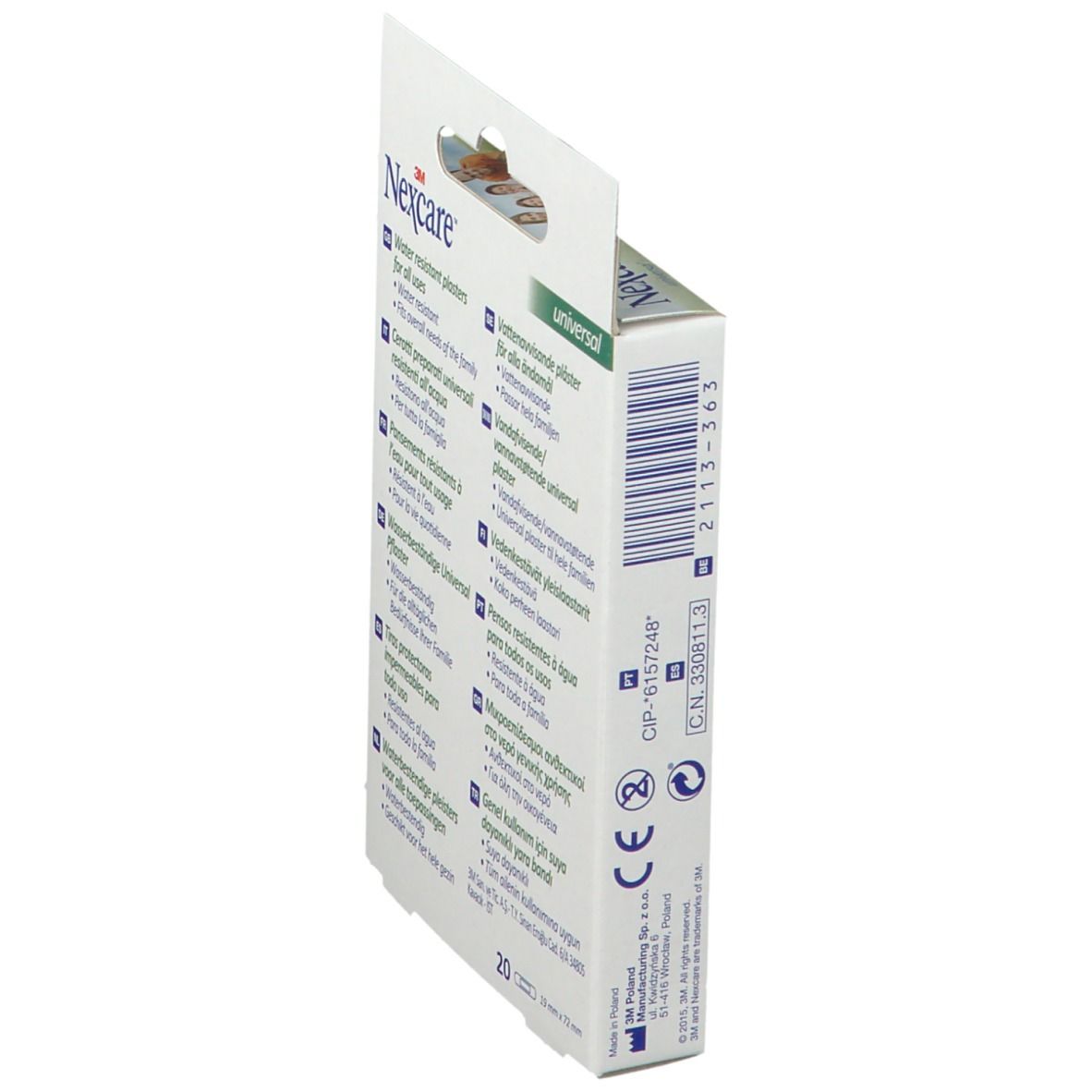 Vue latérale de l'emballage des pansements Nexcare Universal résistants à l'eau. Informations multilingues sur le produit et ingrédients.