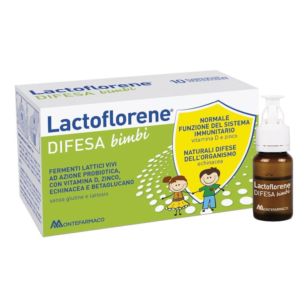 Schachtel mit Lactoflorene Difesa Bimbi, Fläschchen daneben. Aufschrift: Fermenti lattici vivi, Vitamin D, Zink, Echinacea, Betaglukan. 10 Fläschchen.