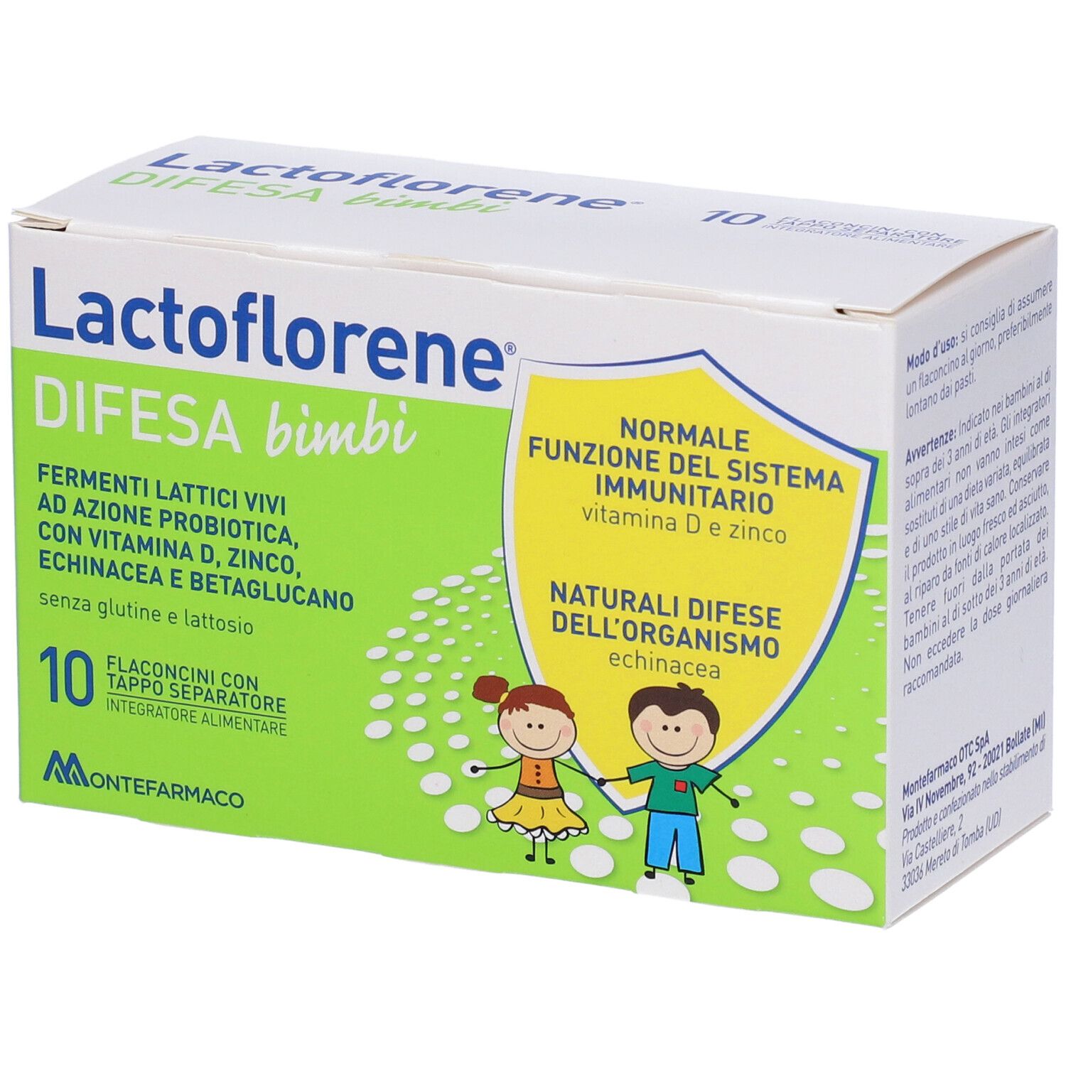 Lactoflorene Difesa Bimbi-Schachtel. Aufschrift: Fermenti lattici vivi, Vitamin D, Zink, Echinacea, Betaglukan. 10 Fläschchen mit Verschluss.