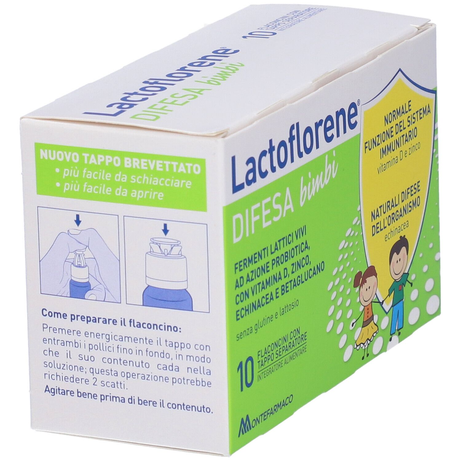 Lactoflorene Difesa Bimbi-Schachtel, Detail des Verschlusses. Aufschrift: Neuer patentierter Verschluss, leichter zu öffnen.