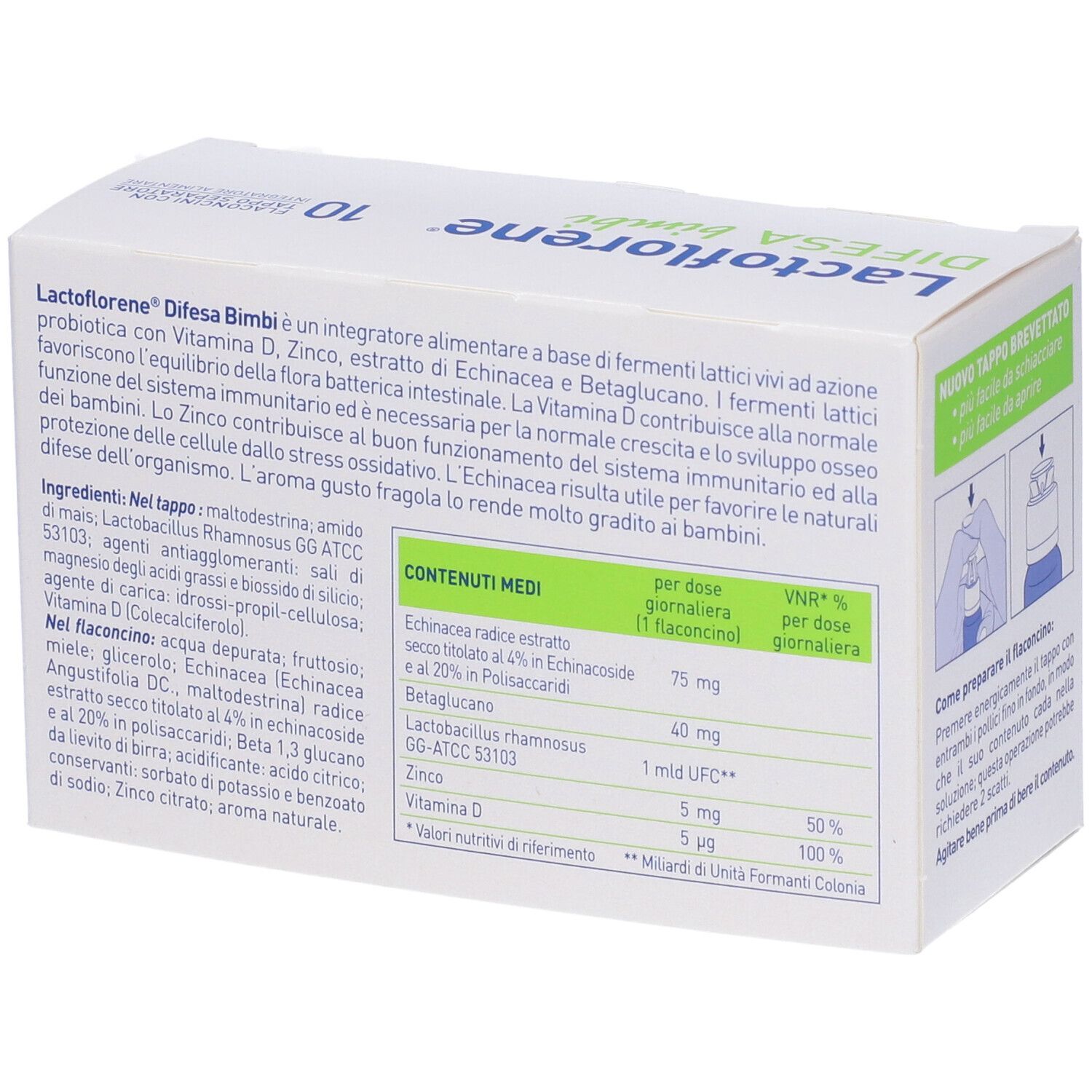Lactoflorene Difesa Bimbi-Schachtel, Rückseite. Enthält Informationen zu Inhaltsstoffen und Nährwerten. 10 Fläschchen.