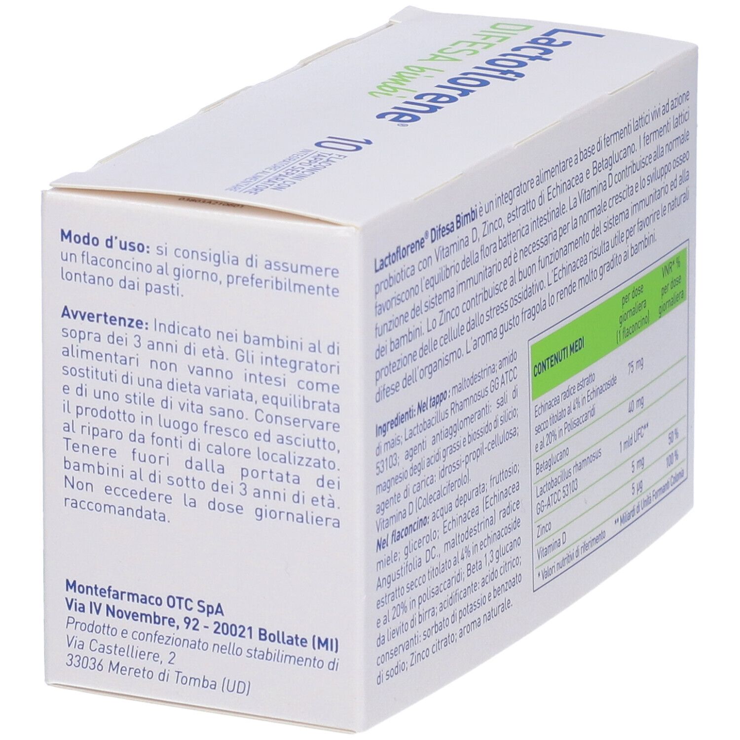 Lactoflorene Difesa Bimbi-Schachtel, Rückseite. Enthält Anwendungshinweise und Warnhinweise. 10 Fläschchen.