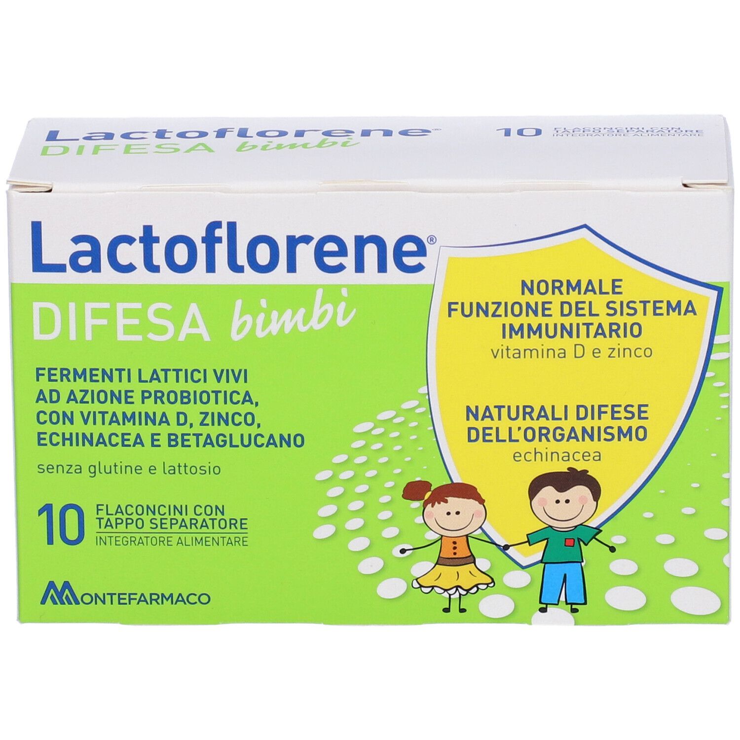 Lactoflorene Difesa Bimbi-Schachtel. Aufschrift: Fermenti lattici vivi, Vitamin D, Zink, Echinacea, Betaglukan. 10 Fläschchen.