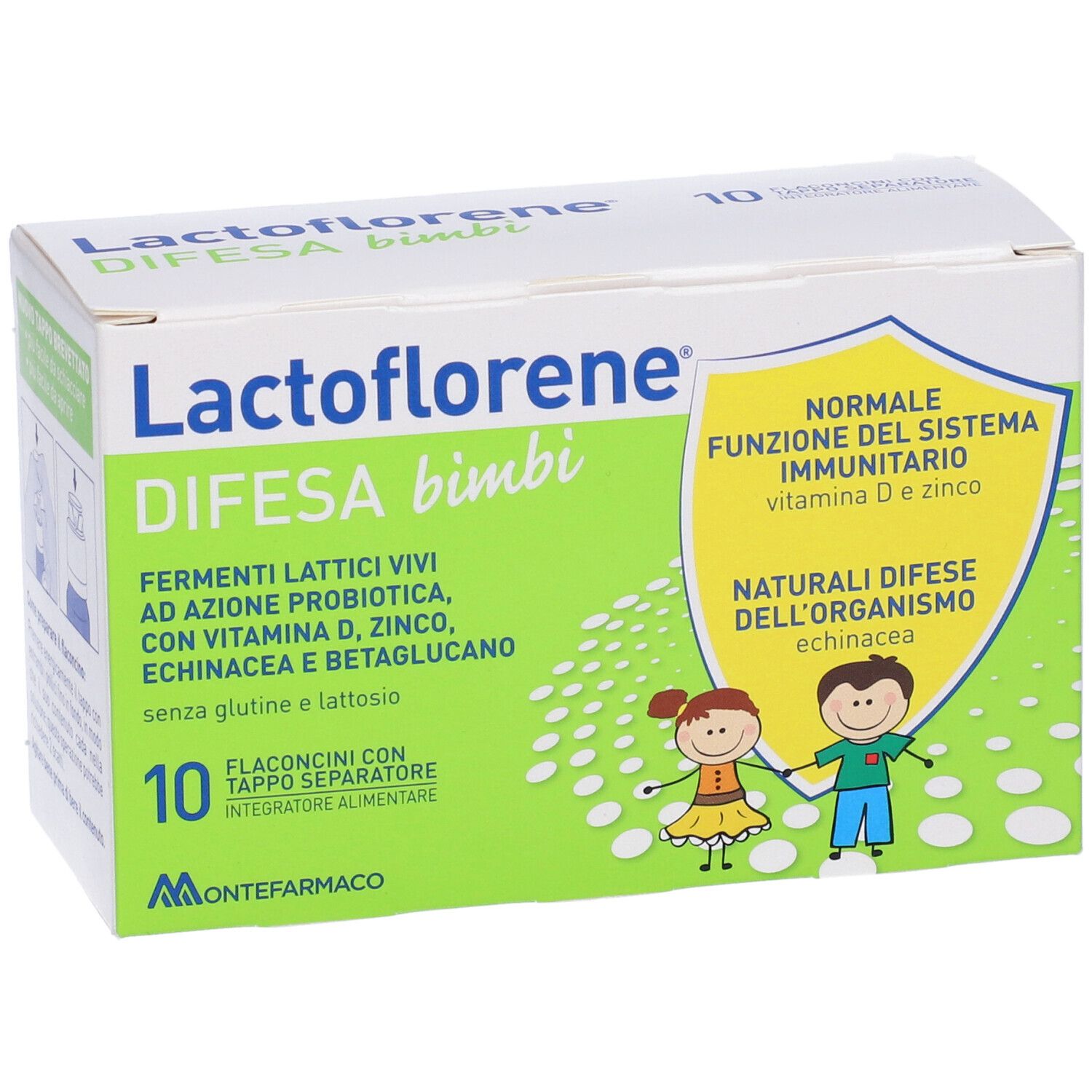 Lactoflorene Difesa Bimbi-Schachtel. Aufschrift: Fermenti lattici vivi, Vitamin D, Zink, Echinacea, Betaglukan. 10 Fläschchen.