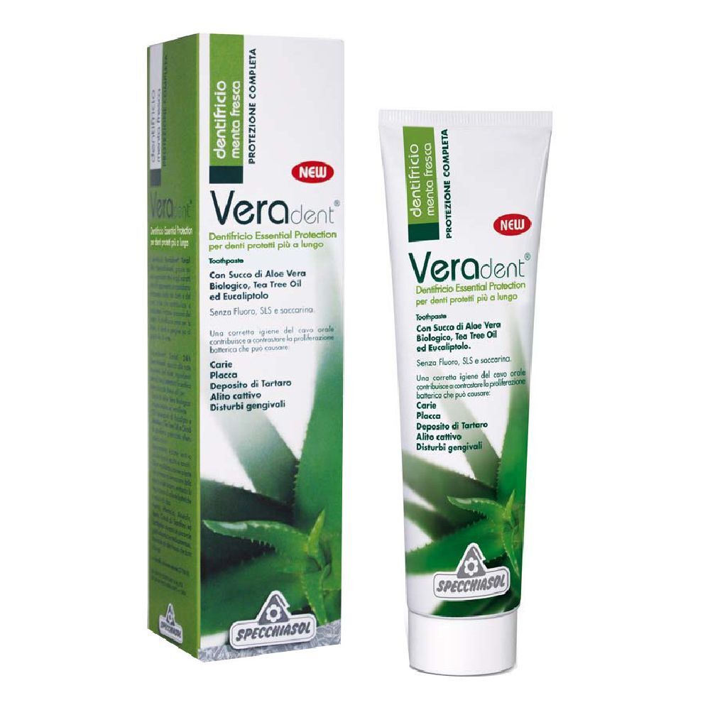 Zahncreme-Tube und -Schachtel. Produktname: Veradent. Grün-weiße Verpackung mit Aloe Vera-Motiv. Text in italienischer Sprache.
