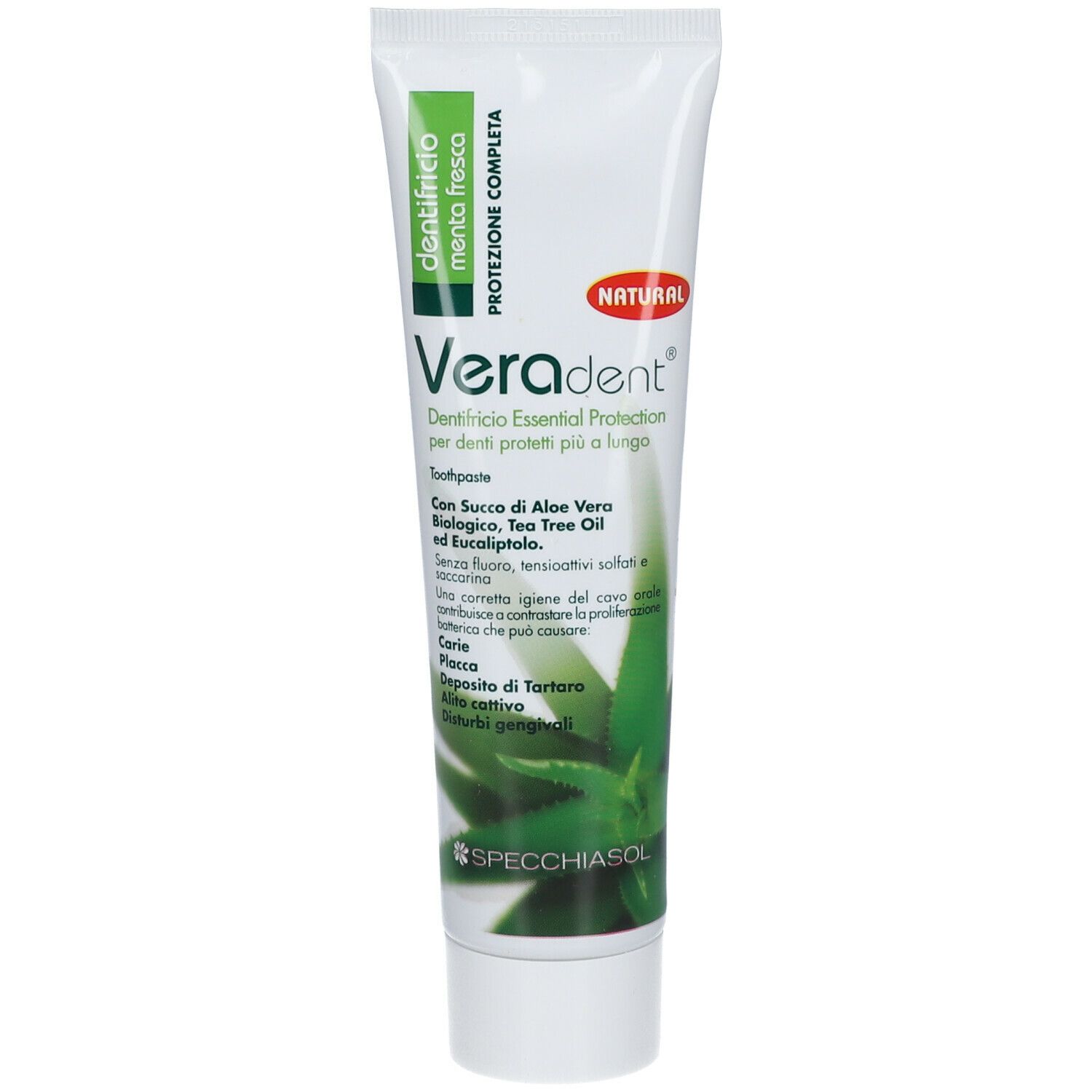 Zahncreme-Tube Veradent. Weiß mit grünen Akzenten. Produktname und Aloe Vera-Motiv. Text in italienischer Sprache.