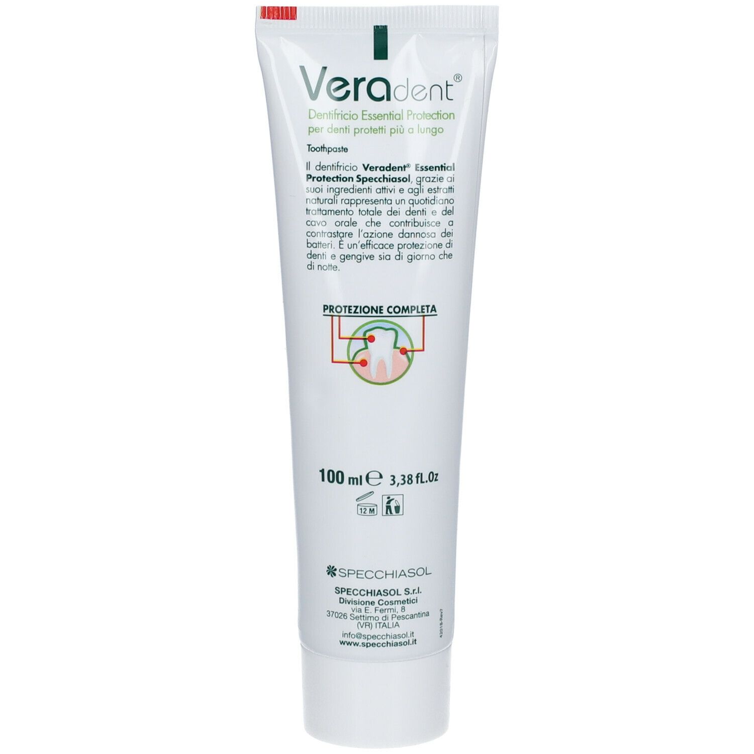 Zahncreme-Tube Veradent. Weiß mit grünen Akzenten. Produktname und Aloe Vera-Motiv. Text in italienischer Sprache.