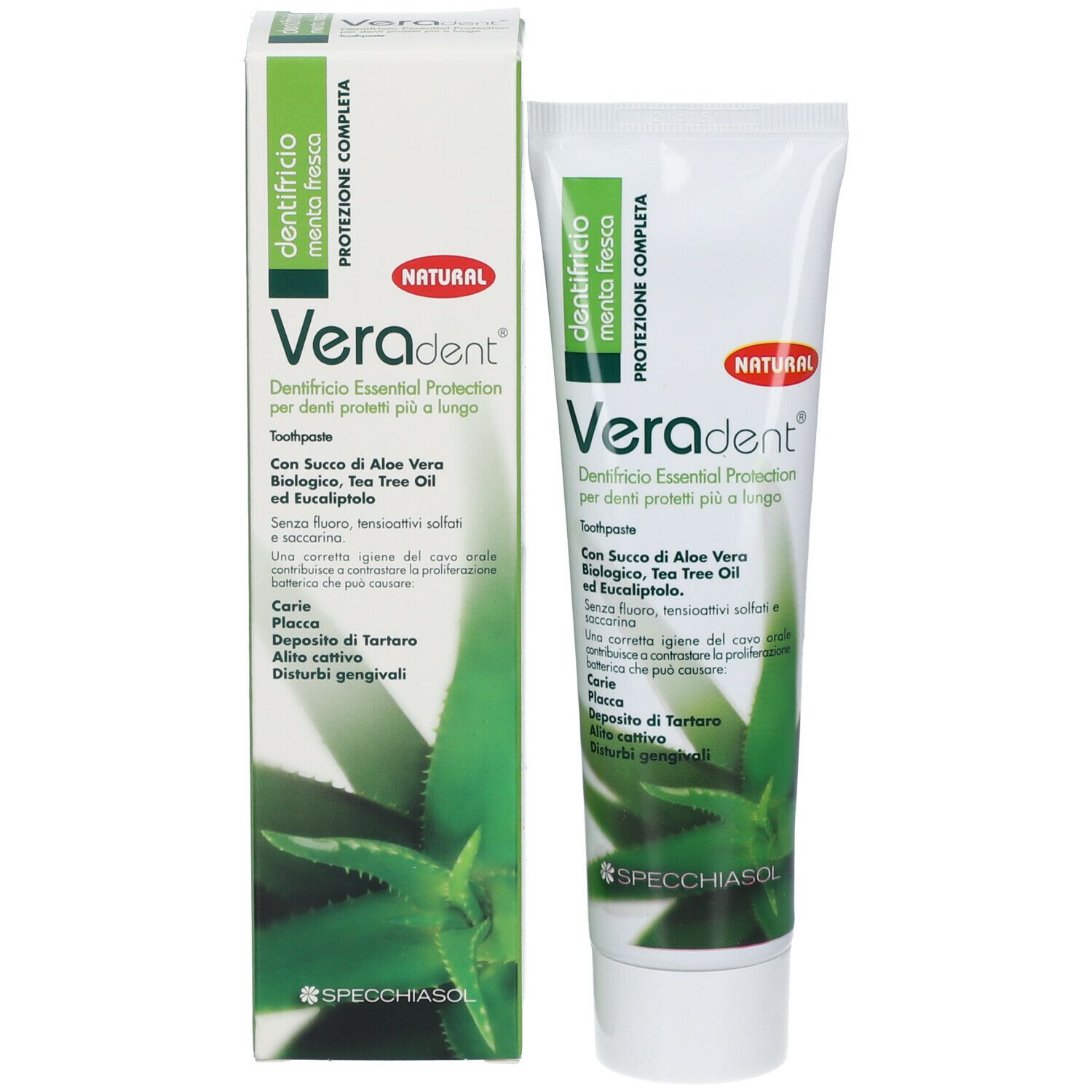 Zahncreme-Tube und -Schachtel. Produktname: Veradent. Grün-weiße Verpackung mit Aloe Vera-Motiv. Text in italienischer Sprache.