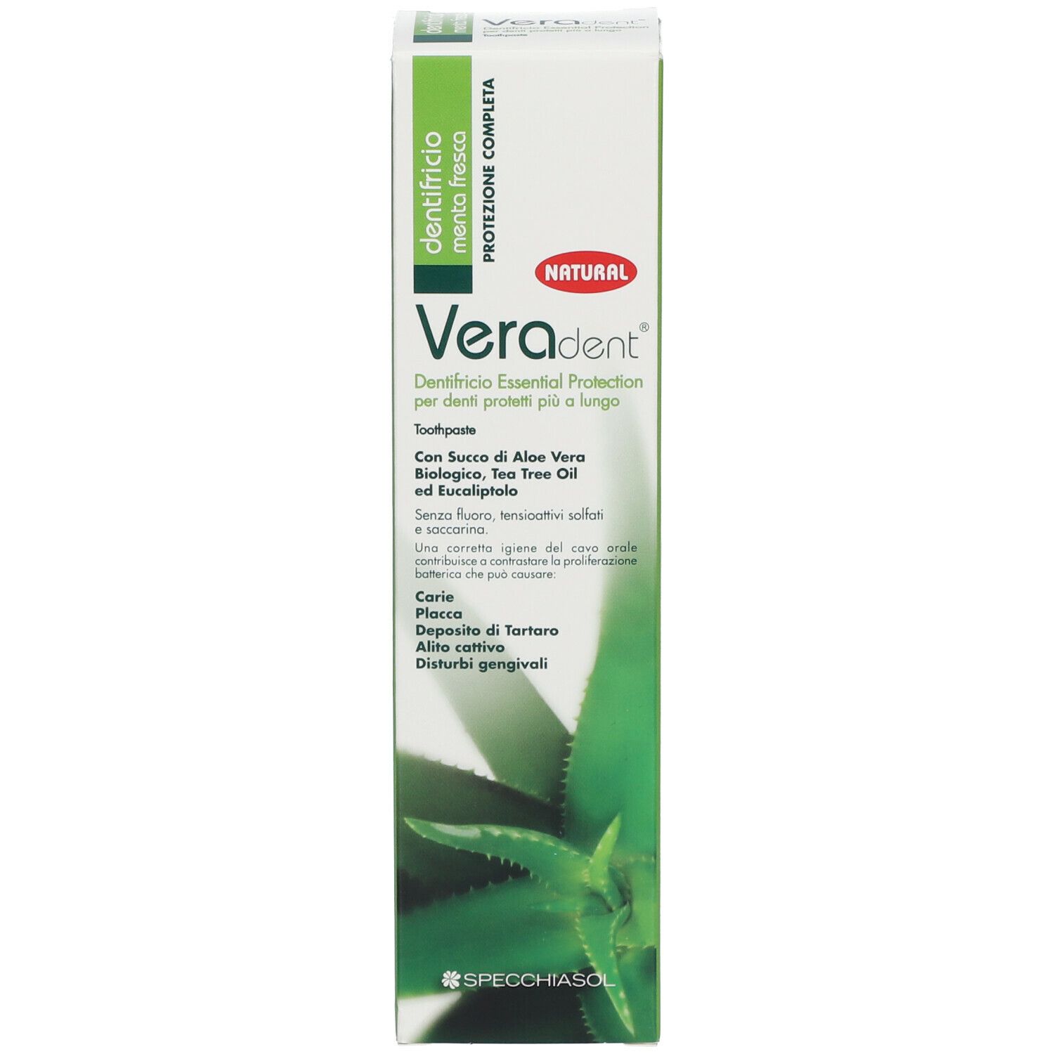 Zahncreme-Tube und -Schachtel. Produktname: Veradent. Grün-weiße Verpackung mit Aloe Vera-Motiv. Text in italienischer Sprache.