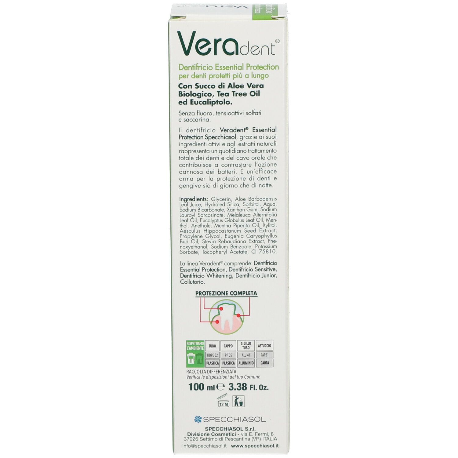 Rückseite der Zahncreme-Schachtel. Produktname: Veradent. Grüne Verpackung mit Text in italienischer Sprache.