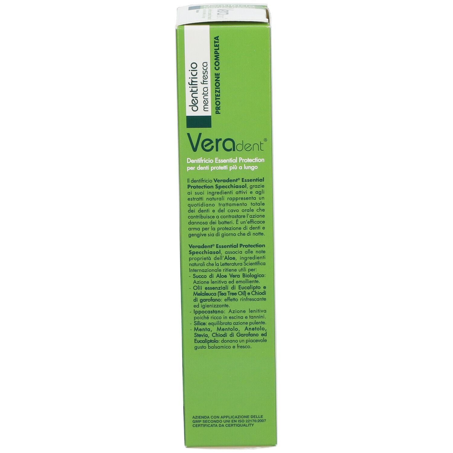 Rückseite der Zahncreme-Schachtel. Produktname: Veradent. Grüne Verpackung mit Text in italienischer Sprache.