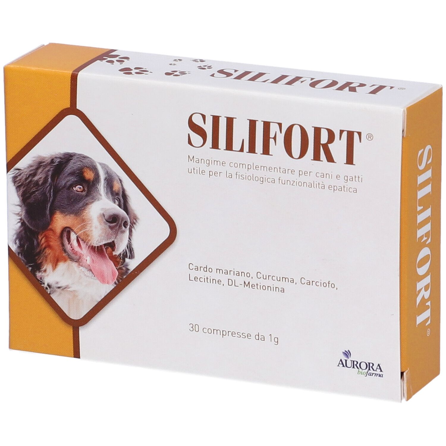 Boîte de 'Silifort' pour chiens et chats. Contient 30 comprimés. Image d'un chien et liste des ingrédients.