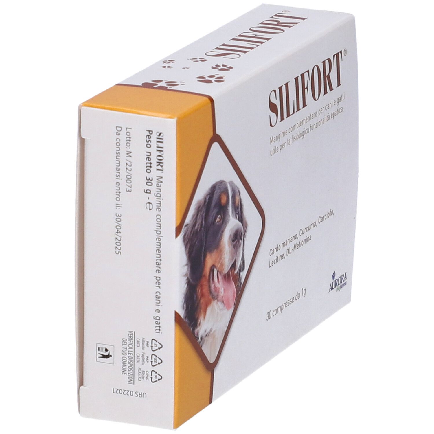 Boîte 'Silifort' pour chiens et chats. Contient 30 comprimés. Vue latérale avec ingrédients et fabricant.
