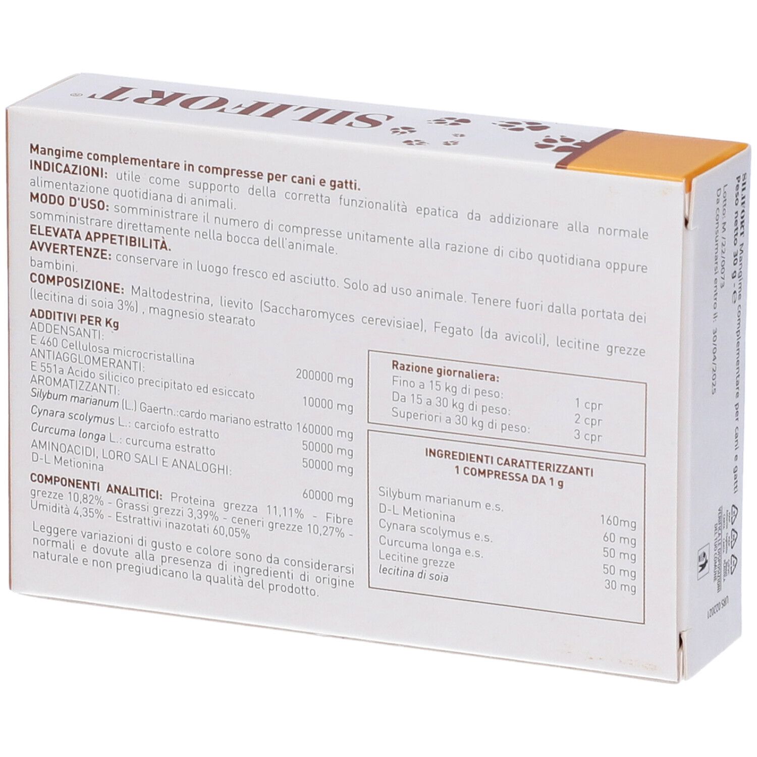 Dos de la boîte 'Silifort'. Contient des informations sur les ingrédients, le dosage et les avertissements.