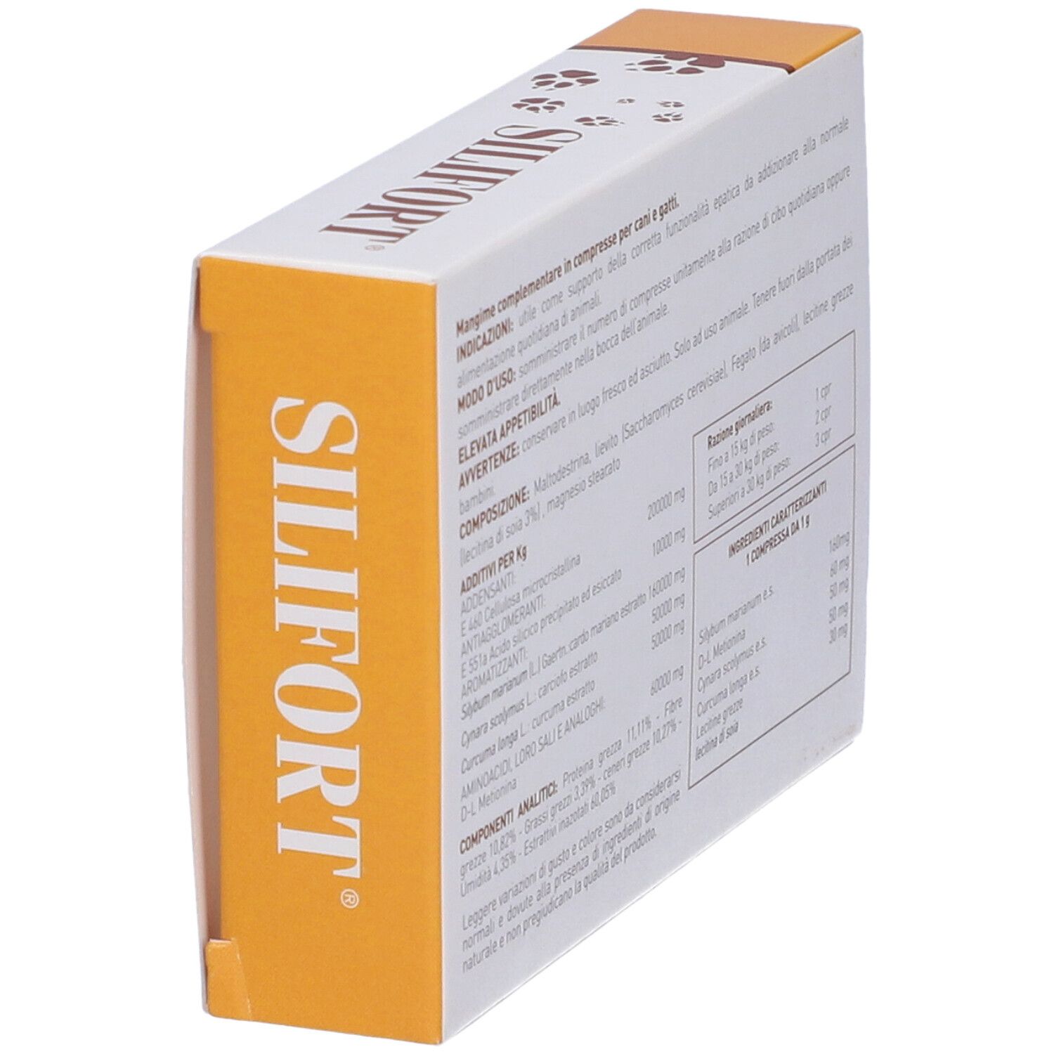 Vue latérale de la boîte 'Silifort'. Contient des informations sur les ingrédients et le dosage.