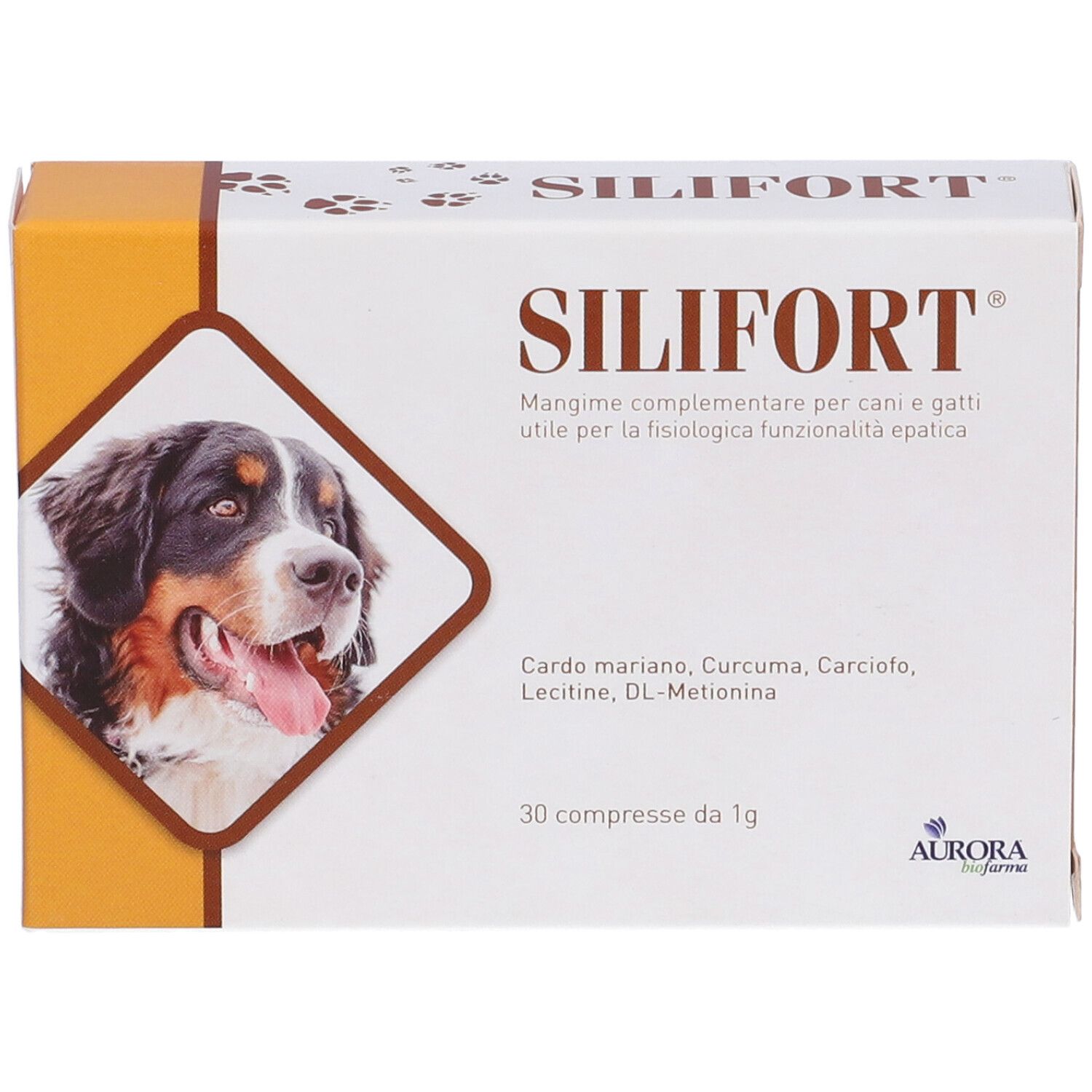Boîte 'Silifort' pour chiens et chats. Contient 30 comprimés. Vue de face avec image de chien et ingrédients.