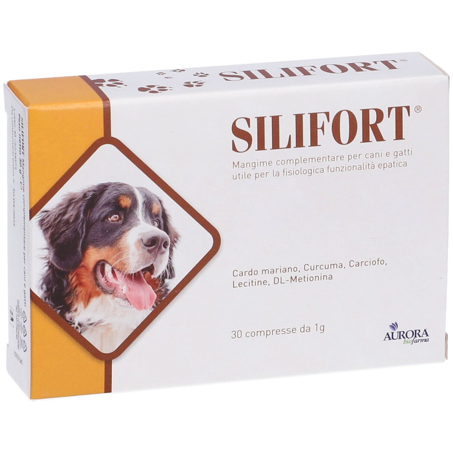 Boîte 'Silifort' pour chiens et chats. Contient 30 comprimés. Vue de face avec image de chien et ingrédients.