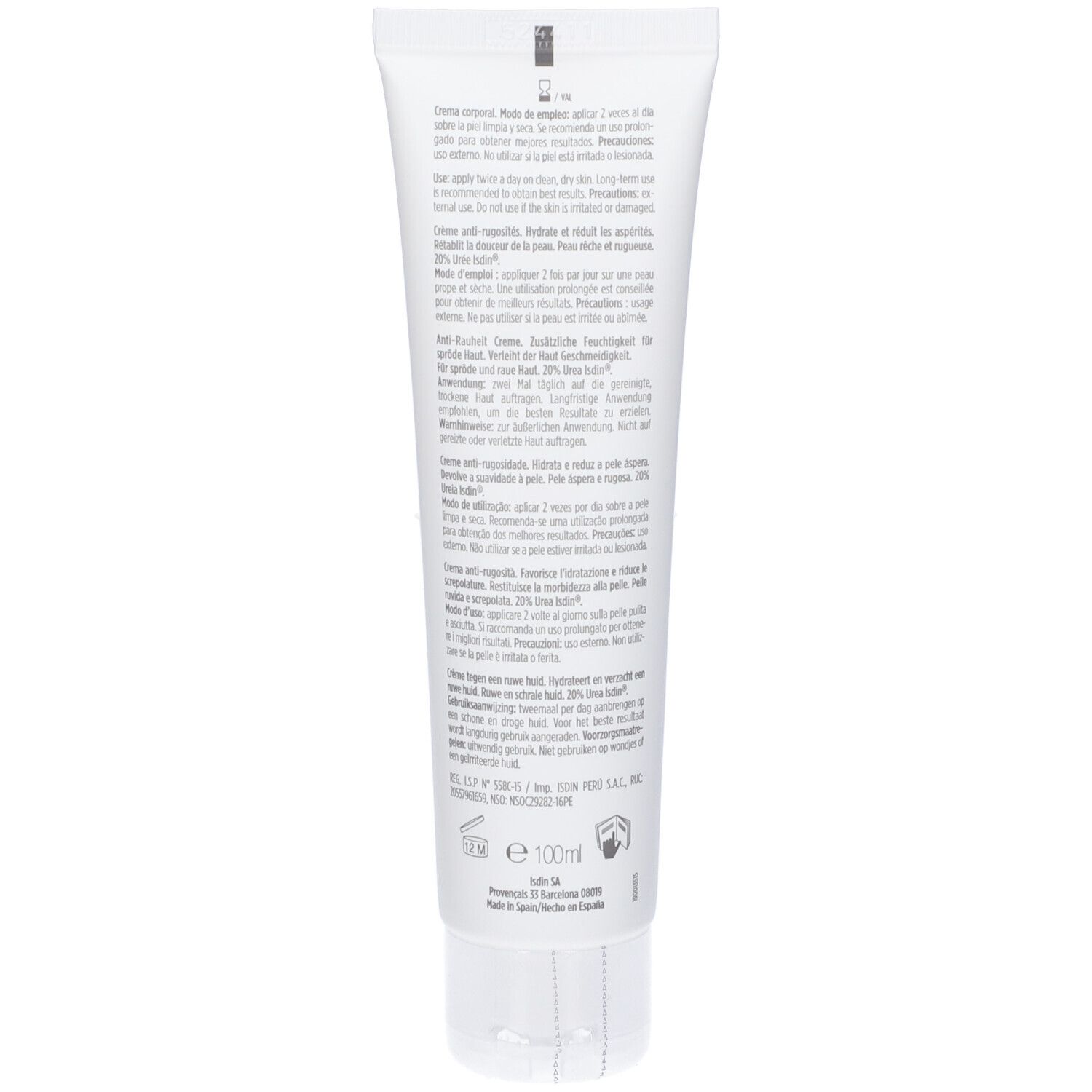 Rückseite der Creme-Tube. Text in mehreren Sprachen. Inhaltsstoffe, Anwendungshinweise, Herstellerinformationen.