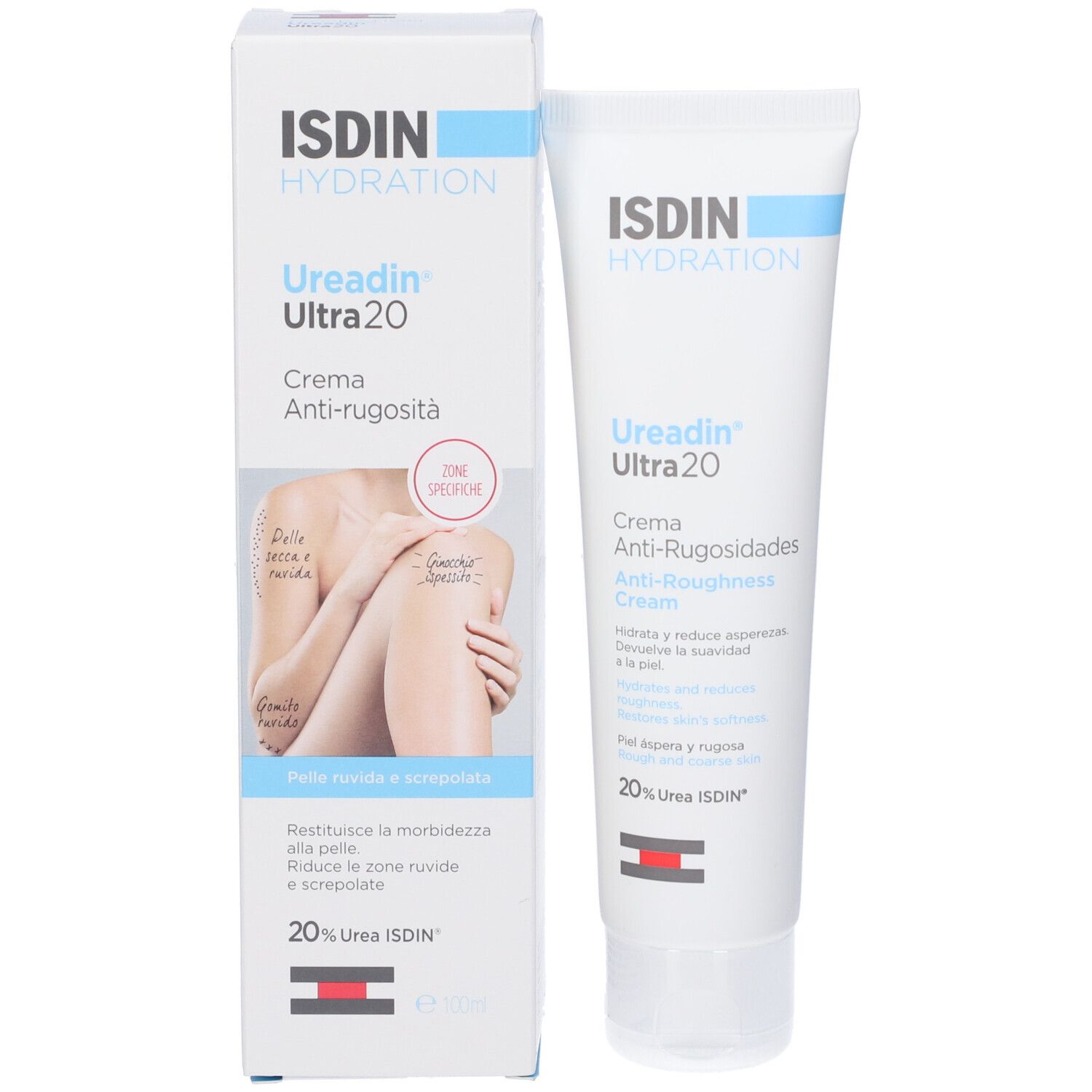 Creme-Tube und Verpackung. ISDIN Ureadin Ultra 20. Anti-Rauheit Creme. Box mit Produktabbildung und Text.