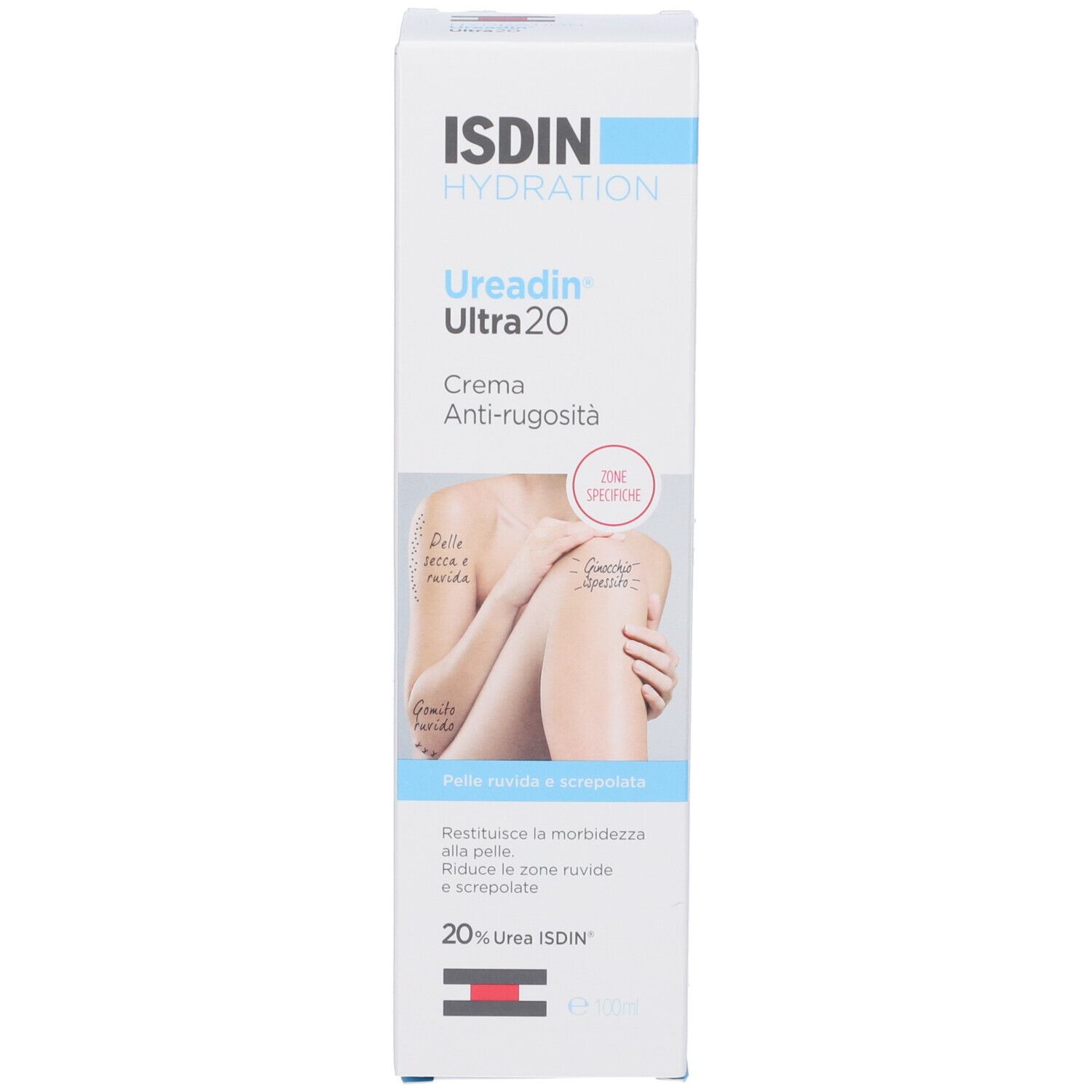 Verpackung. ISDIN Ureadin Ultra 20. Anti-Rauheit Creme. Box mit Produktabbildung und Text.