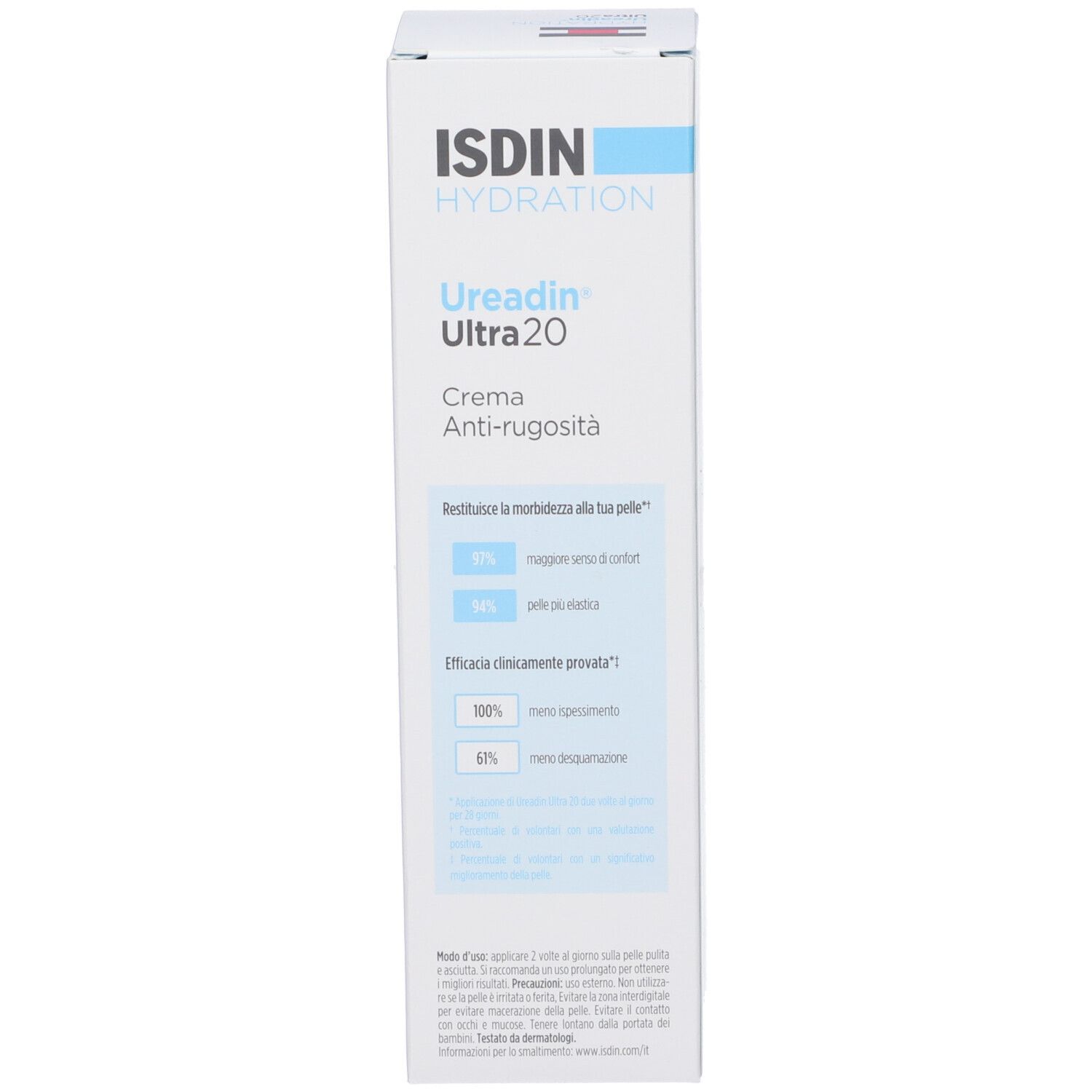 Rückseite der Verpackung. Text in italienischer Sprache. Prozentangaben zur Wirksamkeit.