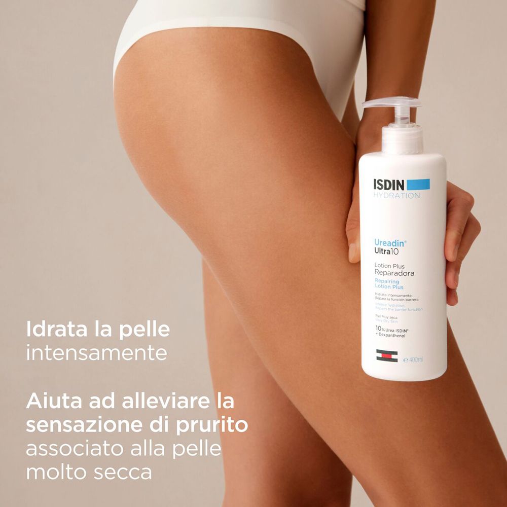 Femme en culotte blanche. Flacon de lotion. Texte : Hydrate intensément, soulage les démangeaisons.